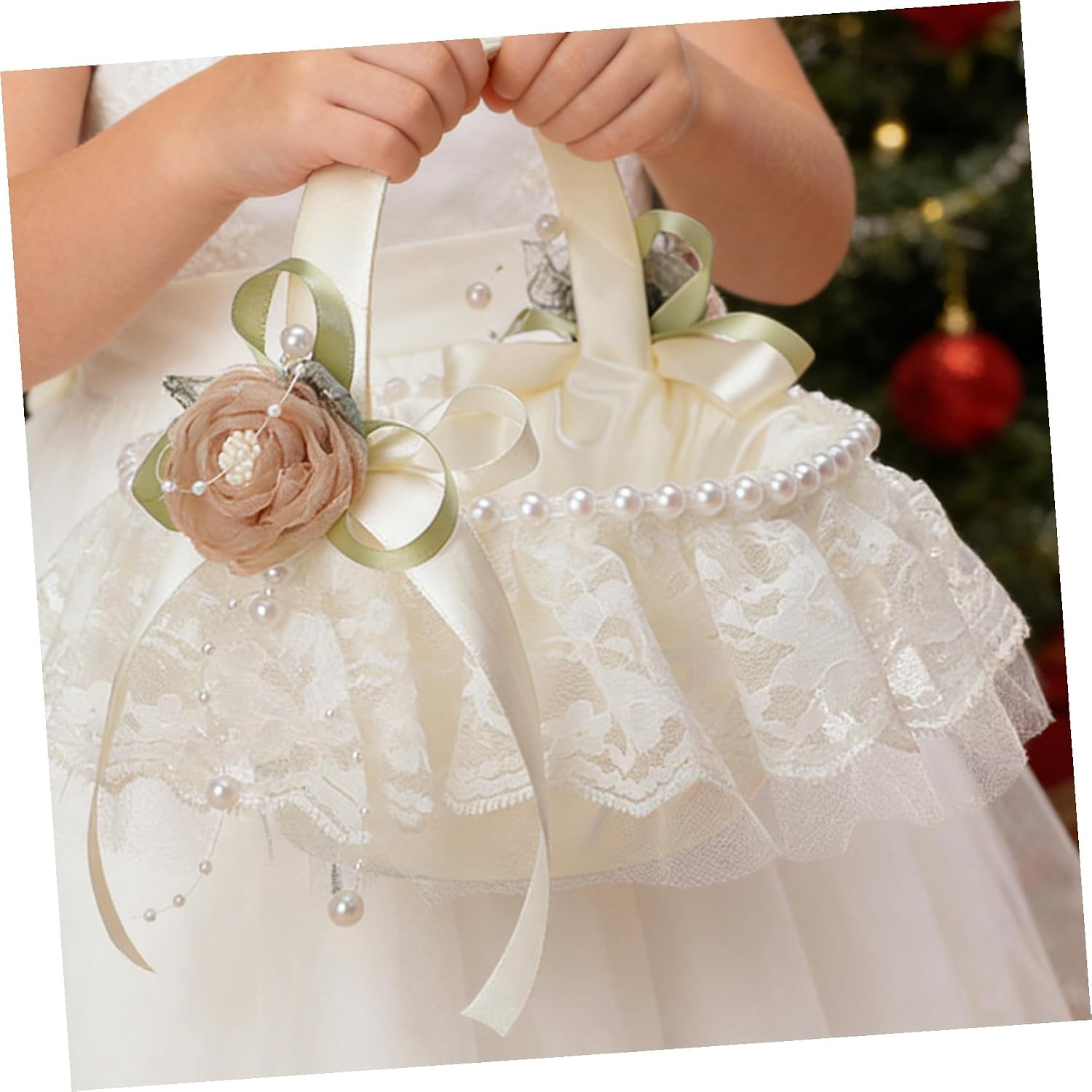 Flower Girl Basket with Pearls and Decorative Lace Handheld Wedding Flower Basket for Ceremony