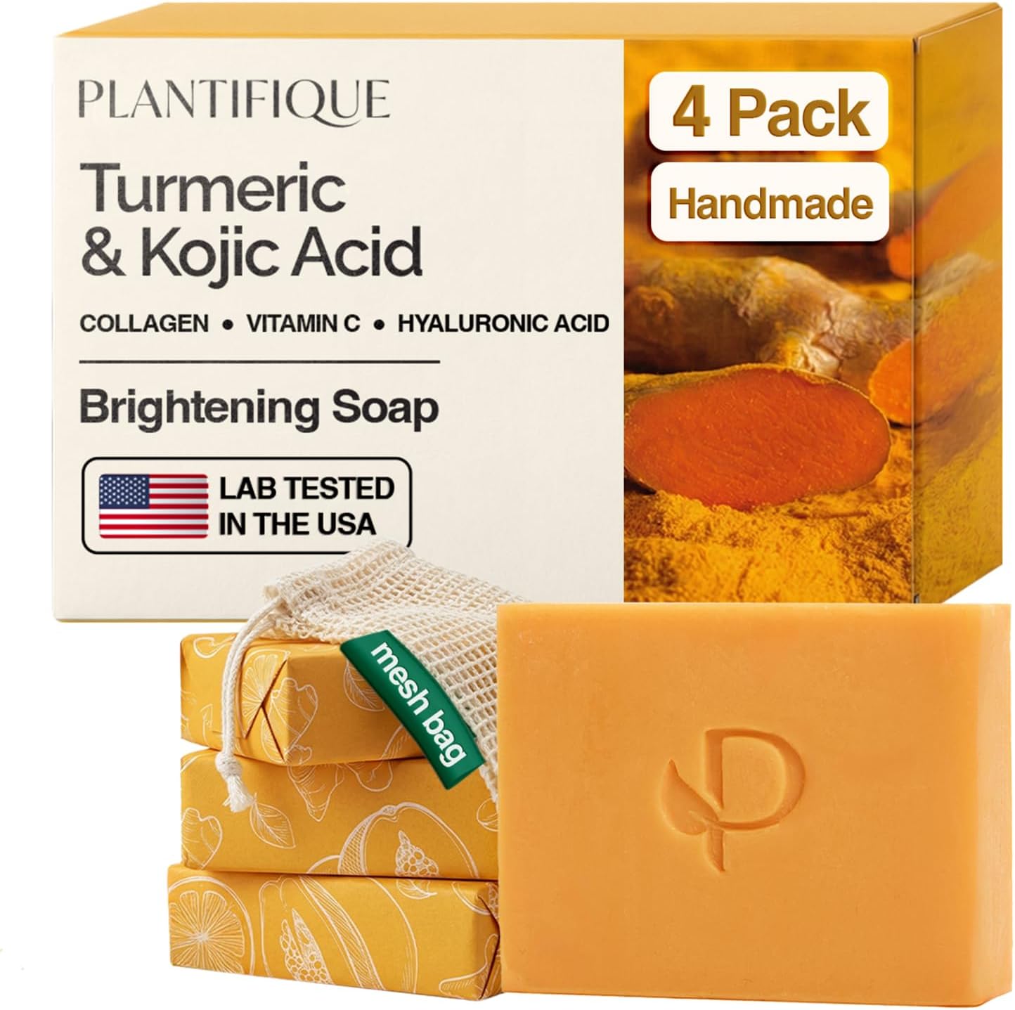 PLANTIFIQUE Kojic Acid & Turmeric Soap – Lab Tested – 4 Bars with Mesh Bag for Dark Spots & Hyperpigmentation – Face Wash with Vitamin C, Hyaluronic Acid & Collagen, 320 g