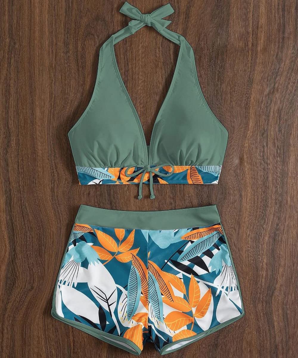 Maillot de Bain Femme 2 Pièces - Ensemble Bikini Taille Haute Rembourré Push Up - Short Uni