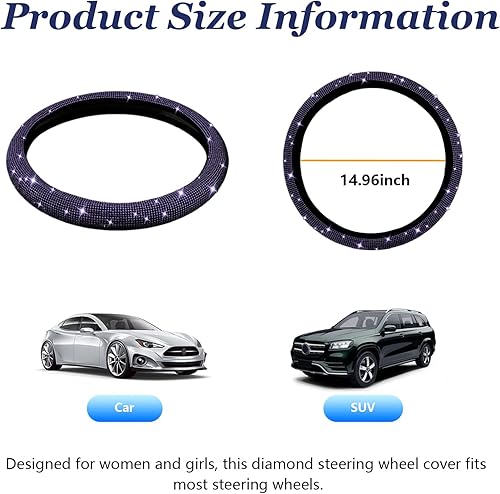 Miniatura 8 de Kewucn Funda brillante para volante, protector de volante de diamantes de cristal para mujeres y niñas, accesorios de decoración de diamantes de