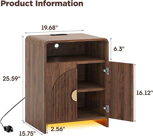 Miniatura 2 de Mesita de noche con estación de carga y luces LED, mesitas de noche con armario de almacenamiento ajustable, mesa auxiliar moderna con puertas