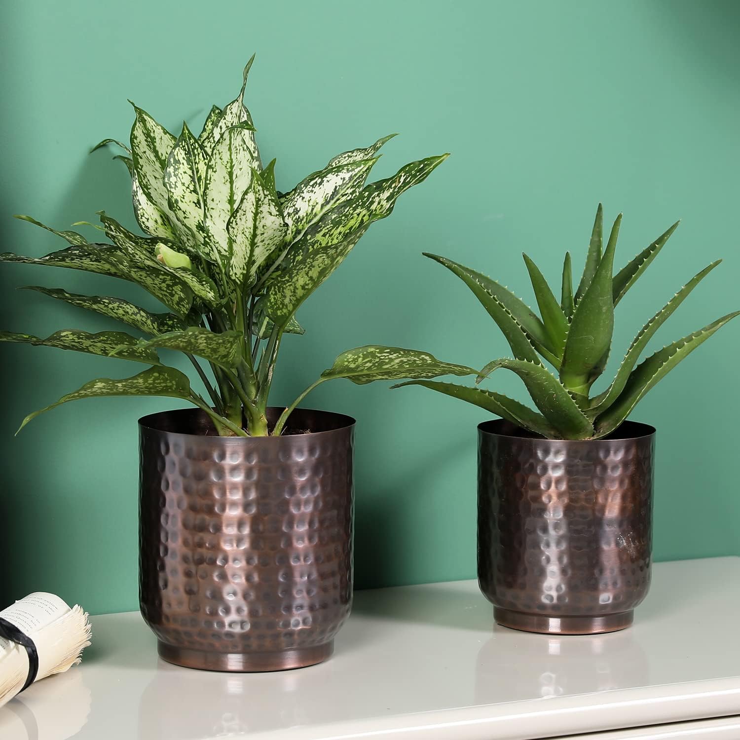 MyGift Handmade Hammered Vintage Copper Metal Plant Vase, Decorative Indoor Cylindrical Flower Planter Container, 5 and 6 Inch Pots, Handcrafted in India
