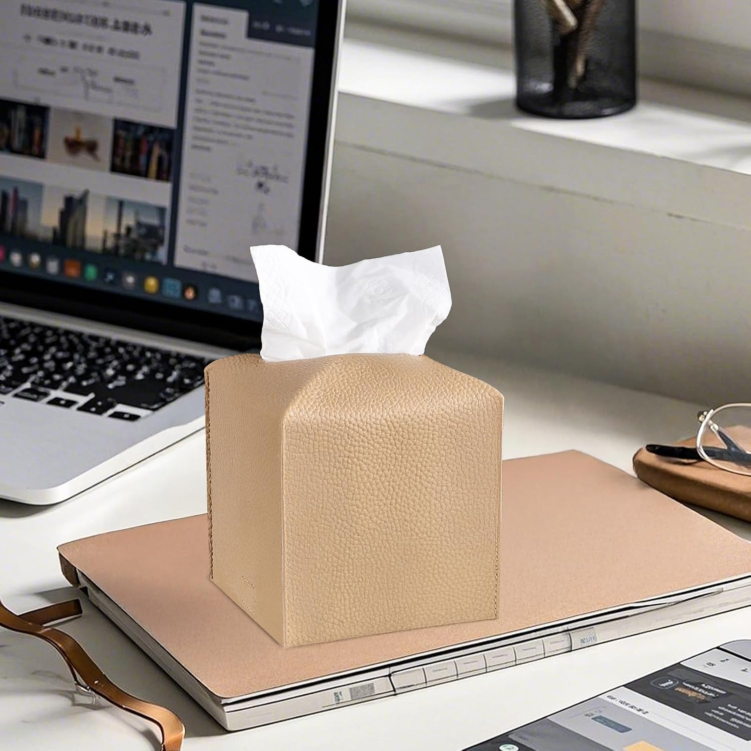 Tissue Box Cover, 2 Pack Beige & White Square PU Leather Tissue Box Holder Decrative Tissue Cube Organizer for Tabletop, Bathroom, Car, Office