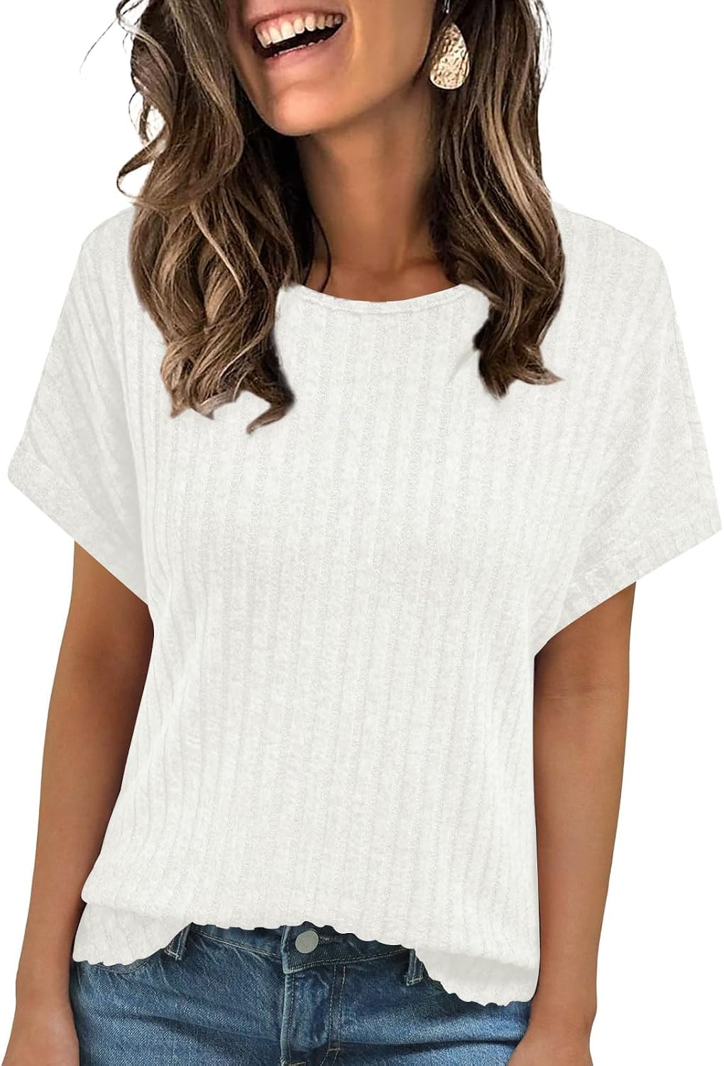 Women Summer Ribbed Loose Fit Sweaters Tshirt Tops Business Dressy Rib Casual Blouses
