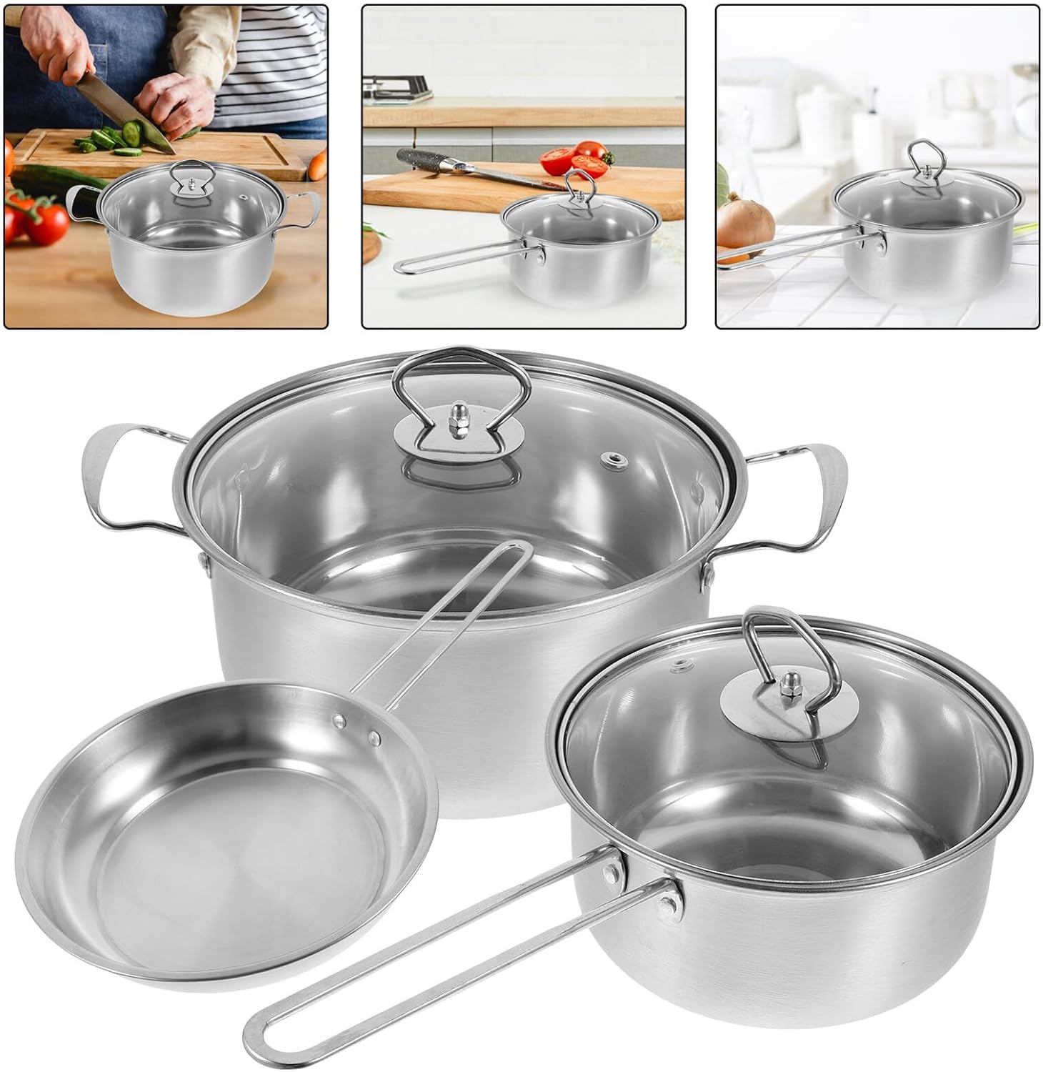 Toyvian Stainless Steel Cookware Set Soup Pot Saucepan Frying Pan with Comfortable Steel Handles Seamless Surface Easy Clean Kitchen Cooking Essentials