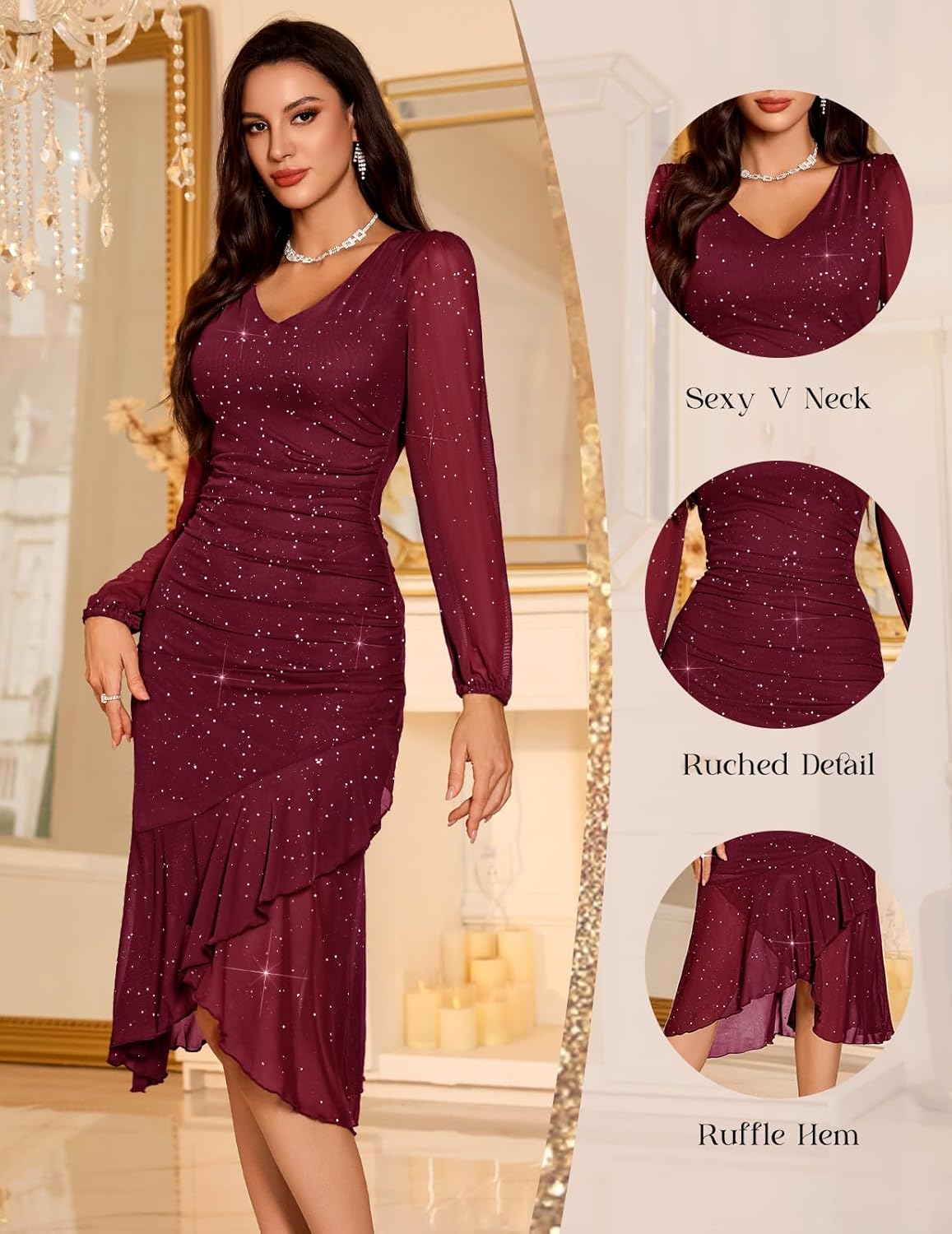 DRESSTELLS Sequin Wedding Guest Dresses for Women, Formal Cocktail Evening Party Bodycon Mesh Ruched Long Dress - Image 5