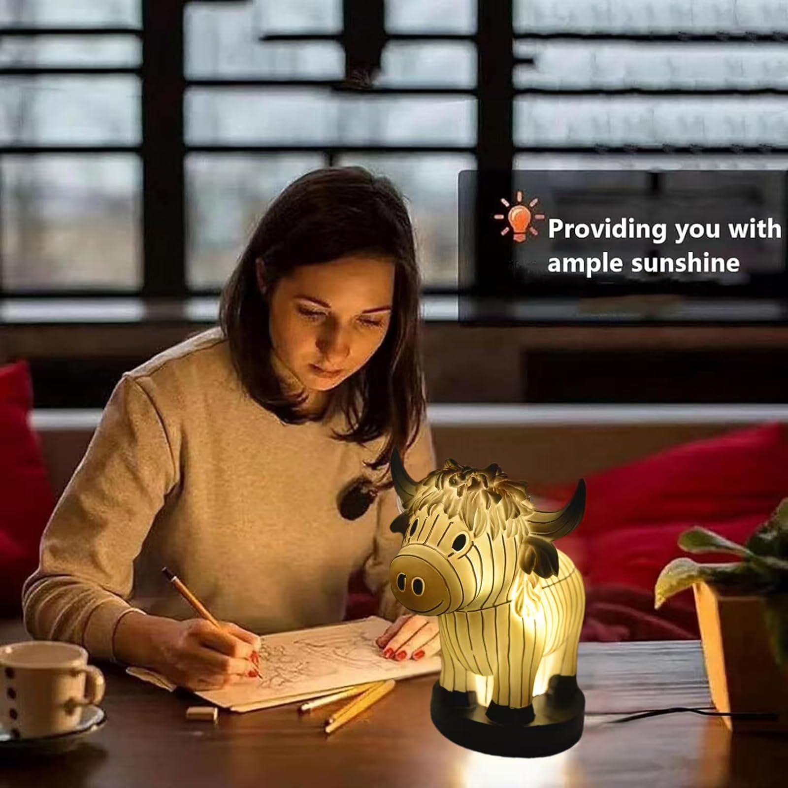 Neioaas Lampa stołowa w kształcie krowy, małe zwierzę, lampka nocna, Highland Cow, lampa stołowa z USB, przenośna lampa stołowa, malowana dekoracja krowy, do salonu, sypialni, lampka nocna, prezent