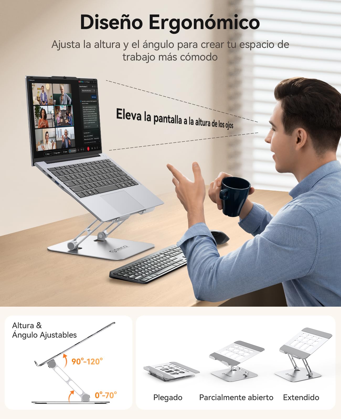 ORICO Soporte Portátil Ajustable Plegable, Laptop Stand de Aluminio Ergonómico y Ventilado, Elevador Portatil Escritorio Compatible con MacBook Air, Pro y Portátiles de 10-17" – ST11, Plata