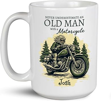 Never Underestimate An Old Man With A Motorcycle Mug, Funny Motorcycle Gifts, Customized Mug For Men Dad, Personalized Name Riding Coffee Mugs, Motorcyclist Biker Tea Cups, Experienced Riders Mug