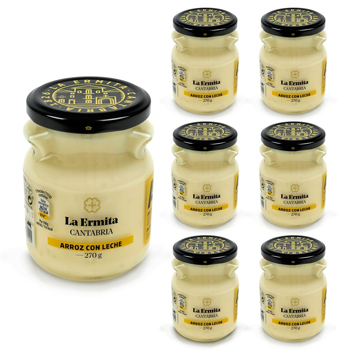LA ERMITA Arroz con Leche Postre Lácteo Tradicional Tarro de Cristal Canela Limón Sin Gluten 270 g Pack 6