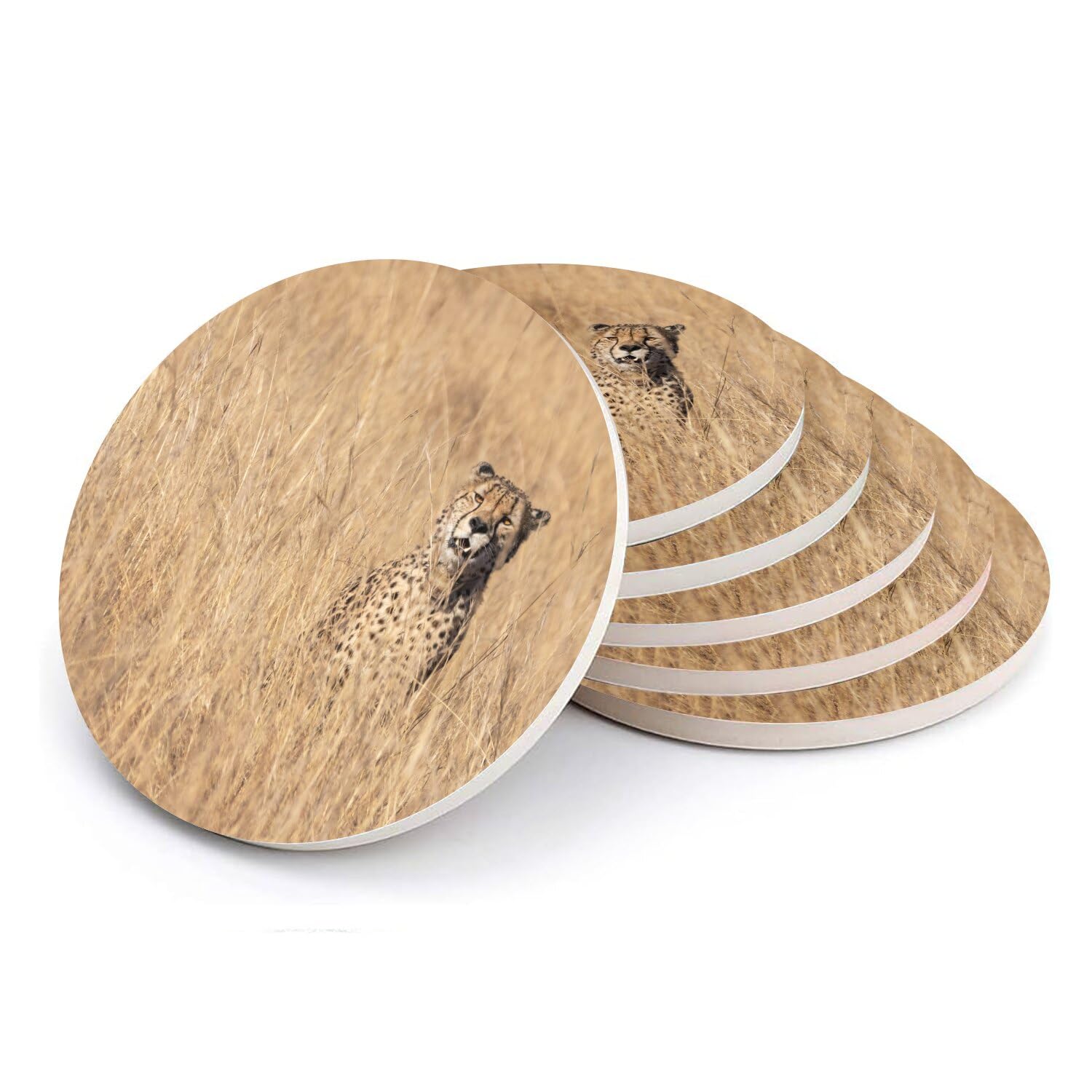 Sous-verre ronds en céramique haut de gamme motif guépard sauvage - Set de 6