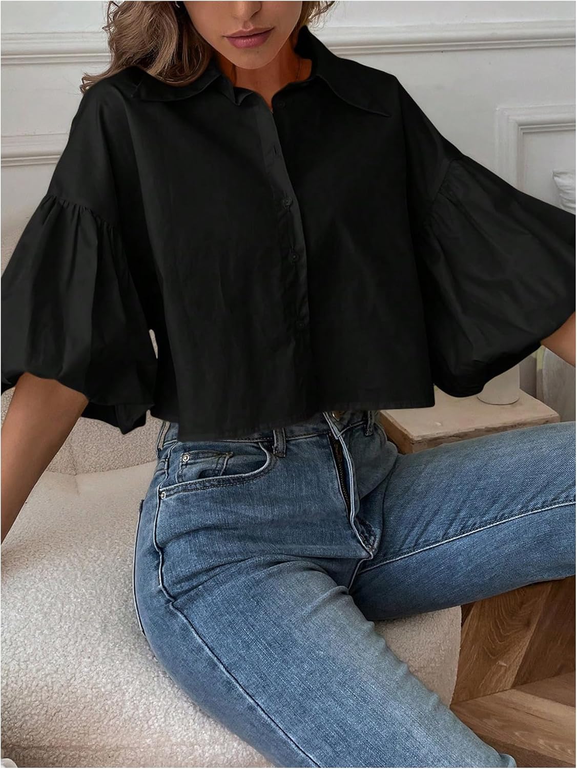 SweatyRocks Women's Half Bishop Sleeve Button Down Shirts Summer Dressy Casual Blouses - Image 4