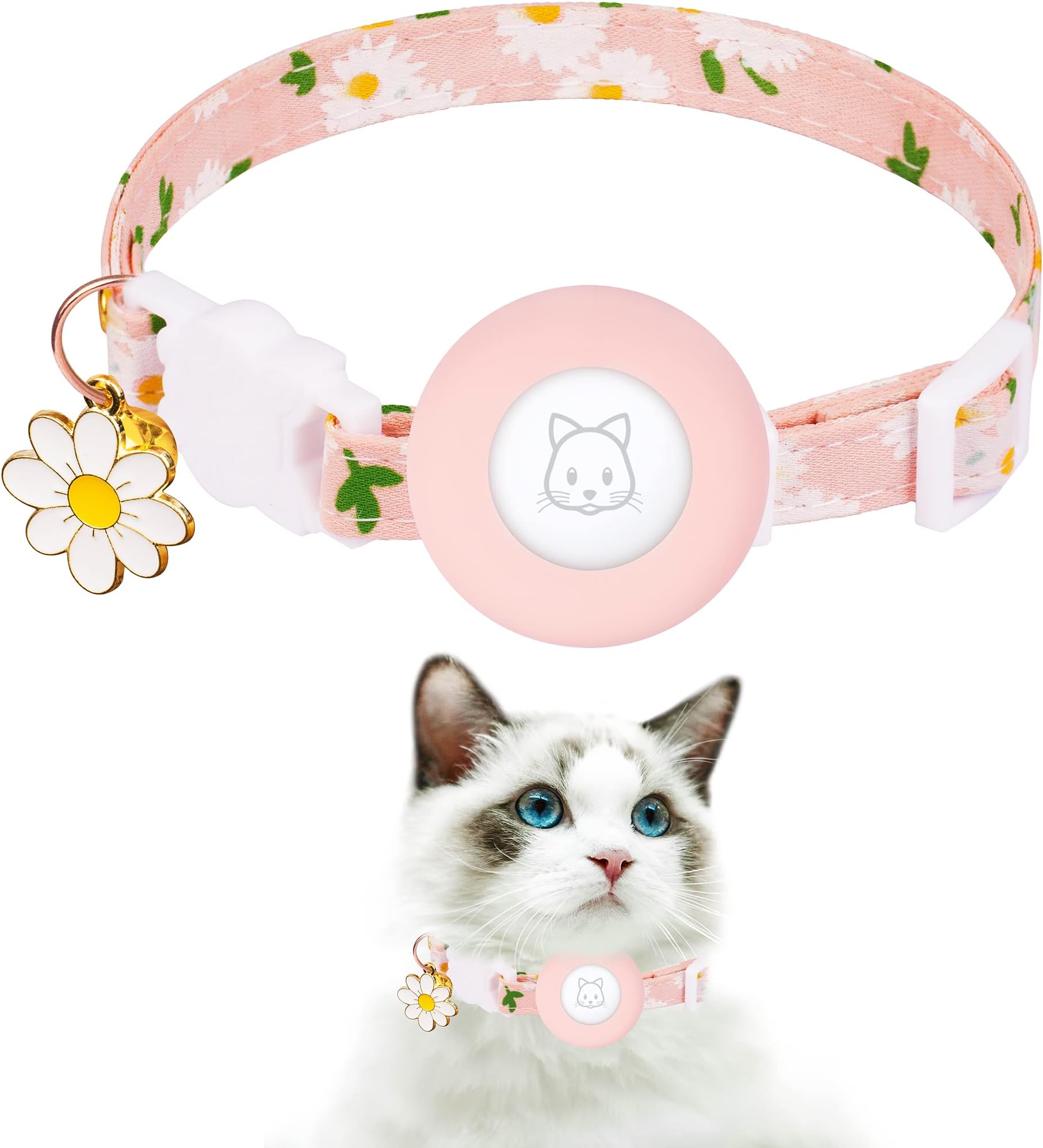 - JXFUKAL Airtag Cat Collar, Kitten Collar Breakaway with Silicone Airtag Holder, Bells & Flower Charm for Girl Cats Boy Cats Small Dogs(Pink), 11.8 x 0.4 inch