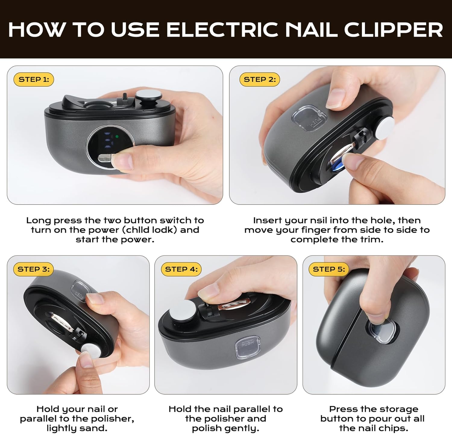 4-in-1 Electric Nail Clipper with LED Light & Nail File, Automatic 3 Speeds LCD Digital Display, Nail Clip Storage, USB Rechargeable Safety Fingernail Trimmer for Baby, Kids, Seniors (Black)