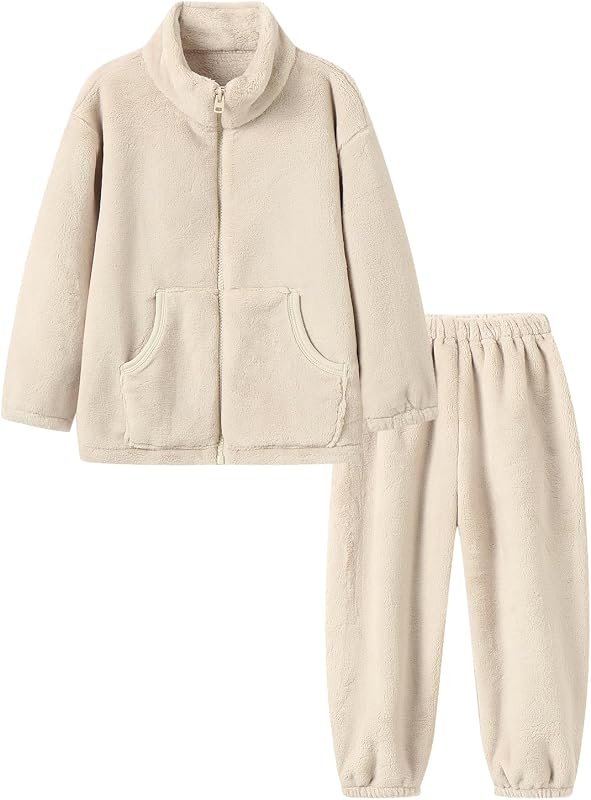 Mud Kingdom Flannel Pajama Set for Girls Boys Stand Collar Long Sleeve Sleepwear with Slant Pockets