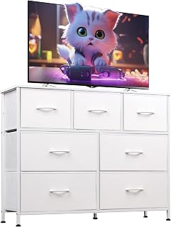 WLIVE 7-Drawer Fabric Dresser TV Stand for Bedroom - Sturdy Steel Frame, Wood Top, Easy Assembly, White Storage Tower