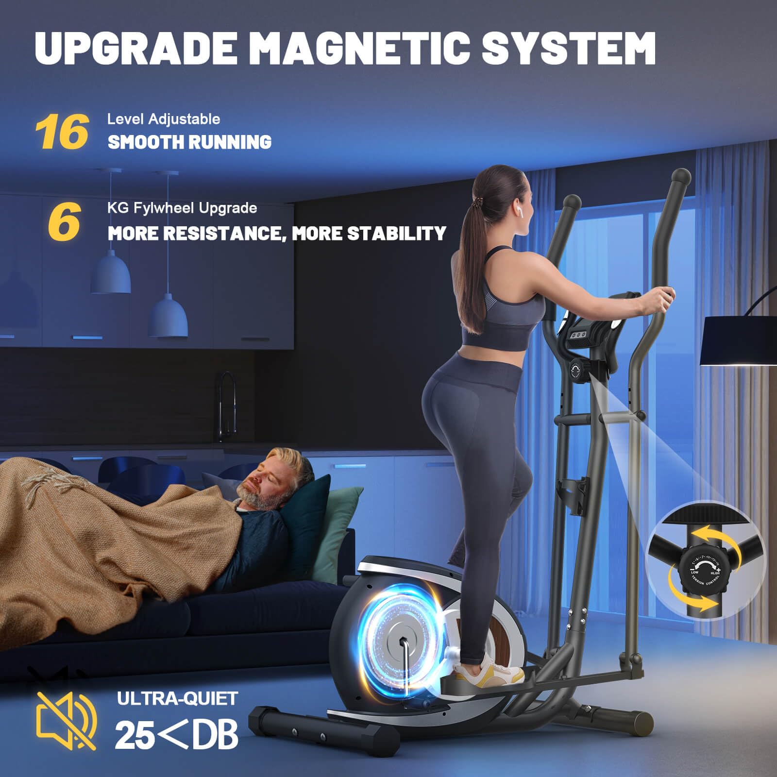 Crosstrainer für Zuhause, 16 Widerstandsstufen Ellipsentrainer mit Bluetooth APP-Connect und LCD-Display, Pulsmessung, Heimfitness Elliptical Stepper