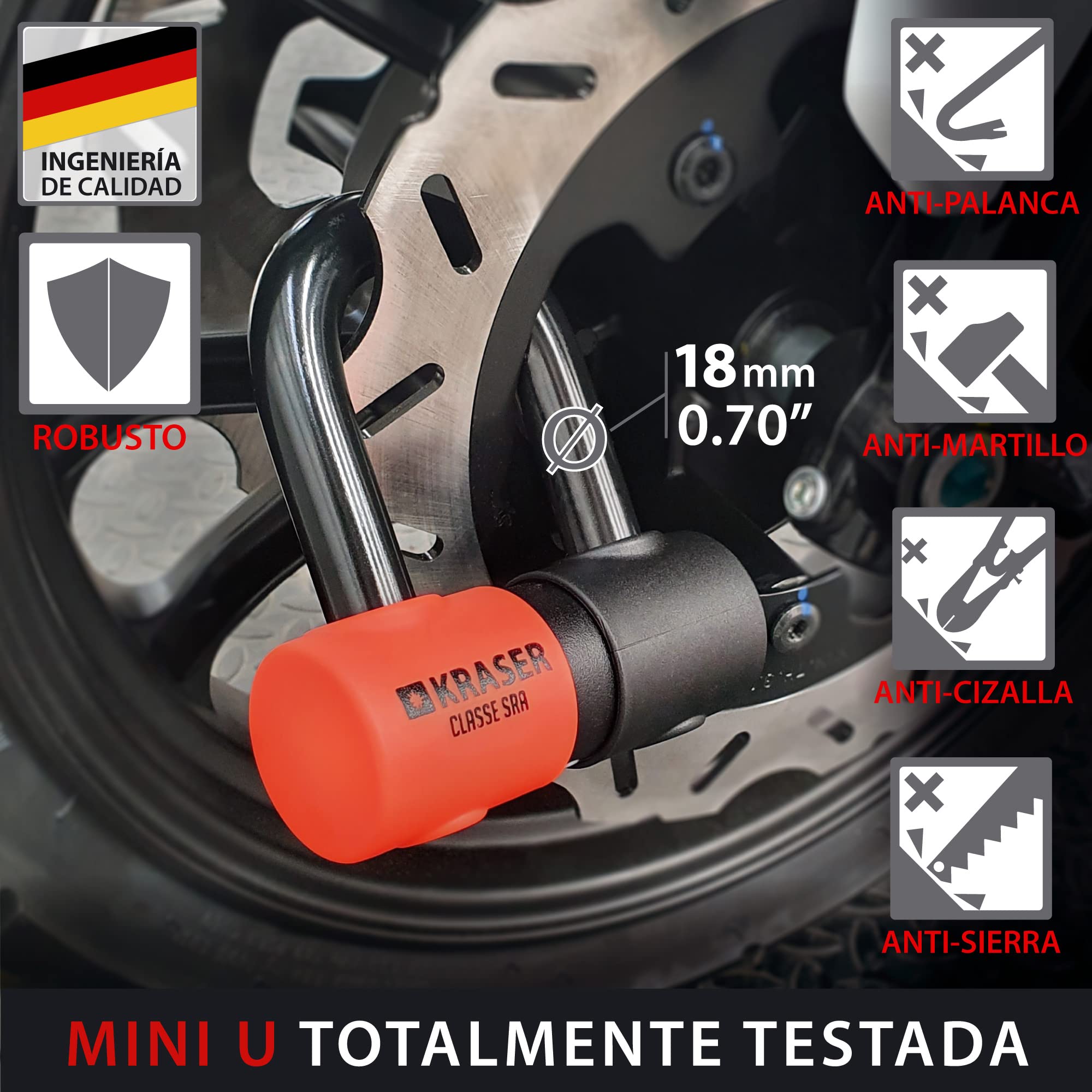 KRASER KR50+120L Cadena Moto Antirrobo, Candado Disco Motocicleta Scooter Bicicleta Eléctrica, Homologado Sra, Bloqueo Mini U Sólida Ø18, Kit Seguridad Parking Garaje, Multifunción Lazo, 120 cm Ø10