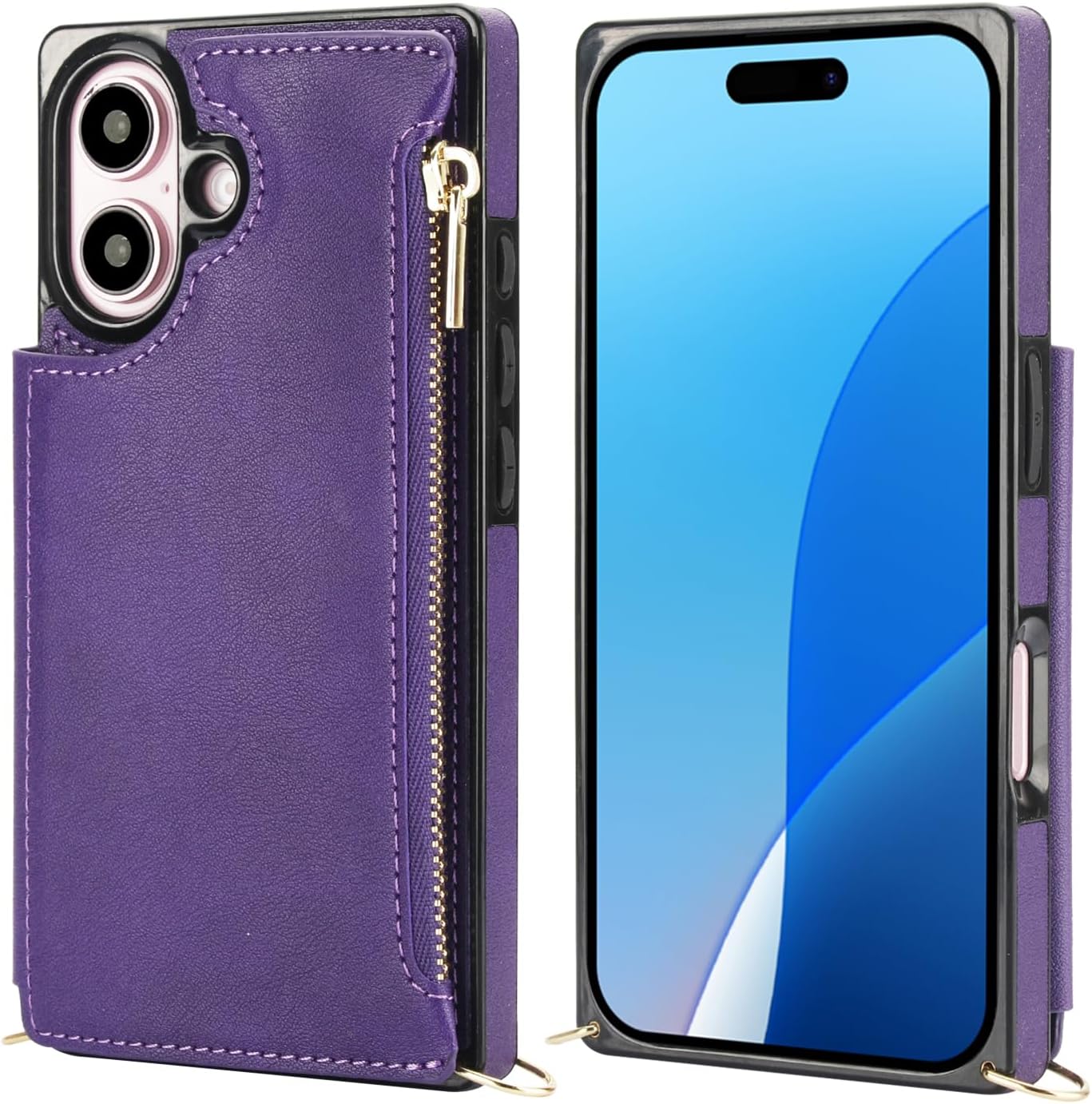 Bocasal Crossbody Wallet Case for iPhone 16 with RFID Blocking Card Slot Holder, Magnetic Flip Folio Purse Case, PU Leather Zipper Handbag with Detachable Lanyard Strap 6.1 Inch 5G (Purple)