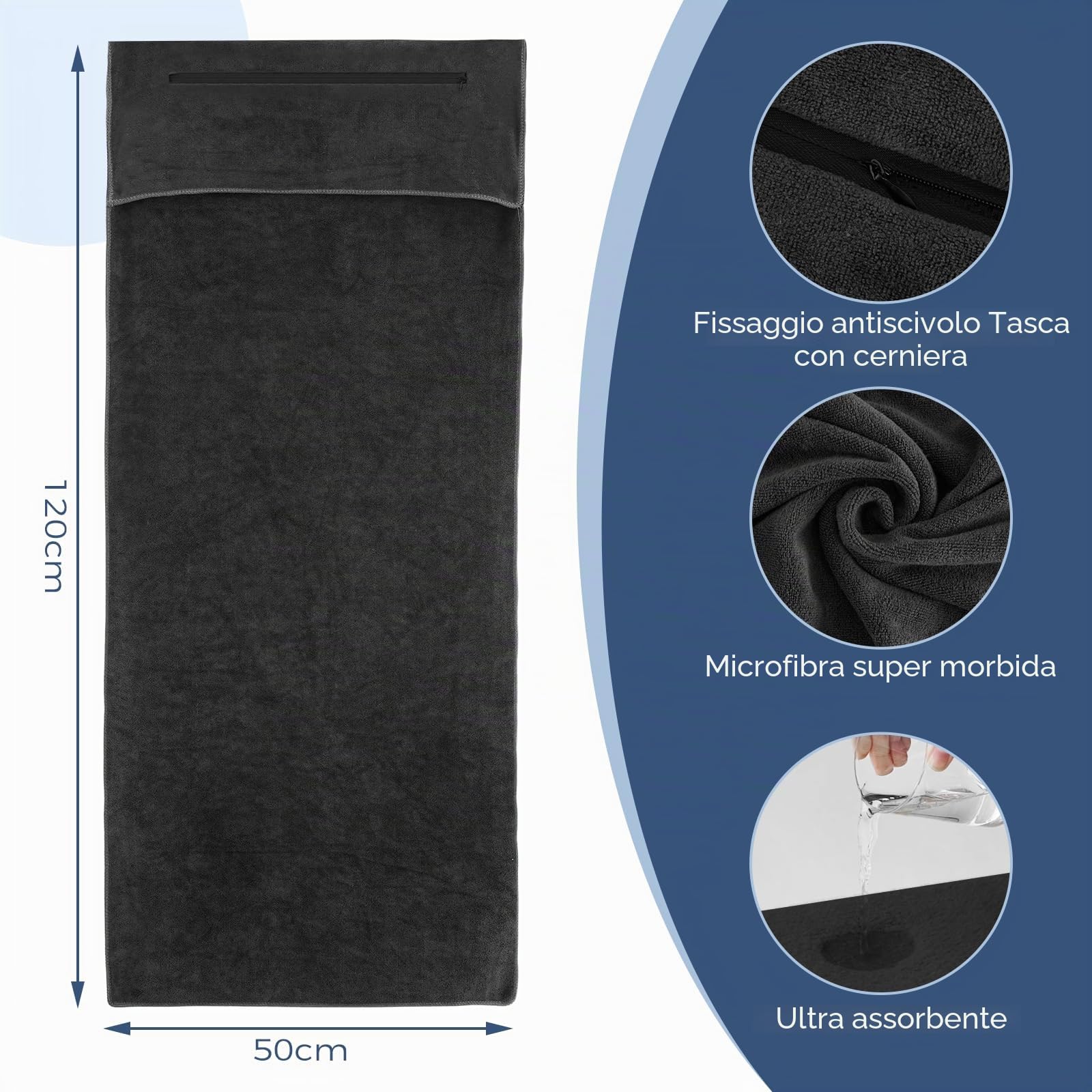 YIIFELL Asciugamano Palestra 120x50cm in Microfibra Con Tasca Con Cerniera, Telo per Yoga e Allenamento