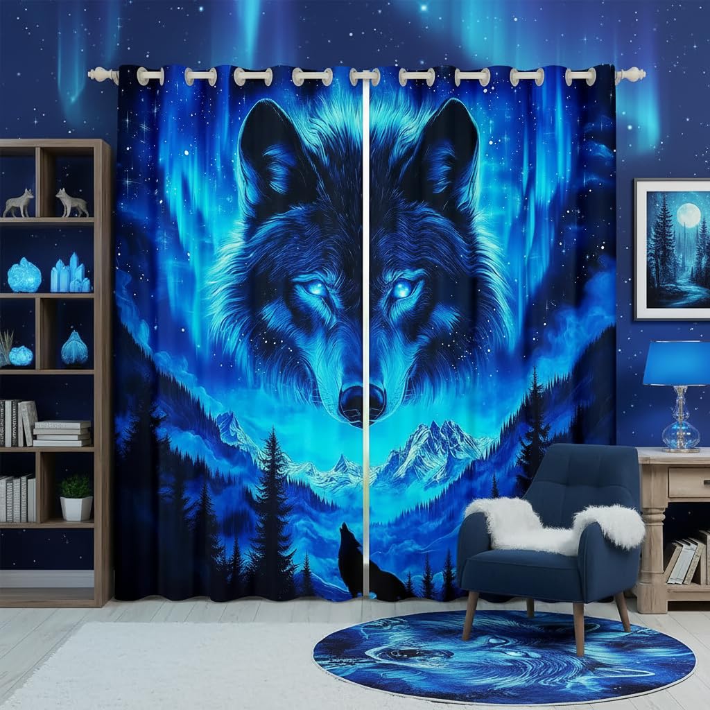 Wolf Print Fenster Vorhänge, Wildlife Wolf Tier Jagd Thema Küche Fenster Behandlungen, Blue Galaxy Schnee Berg Kiefer natürliche Fenster Vorhänge für Home Decor, 2 Panels, L Größe,Gute Schattierung