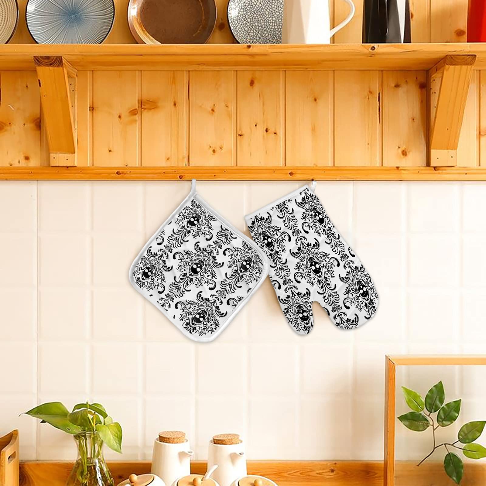 Lot de 2 gants de cuisine et maniques avec doublure en coton doux, motif tête de mort et fleurs d'Halloween
