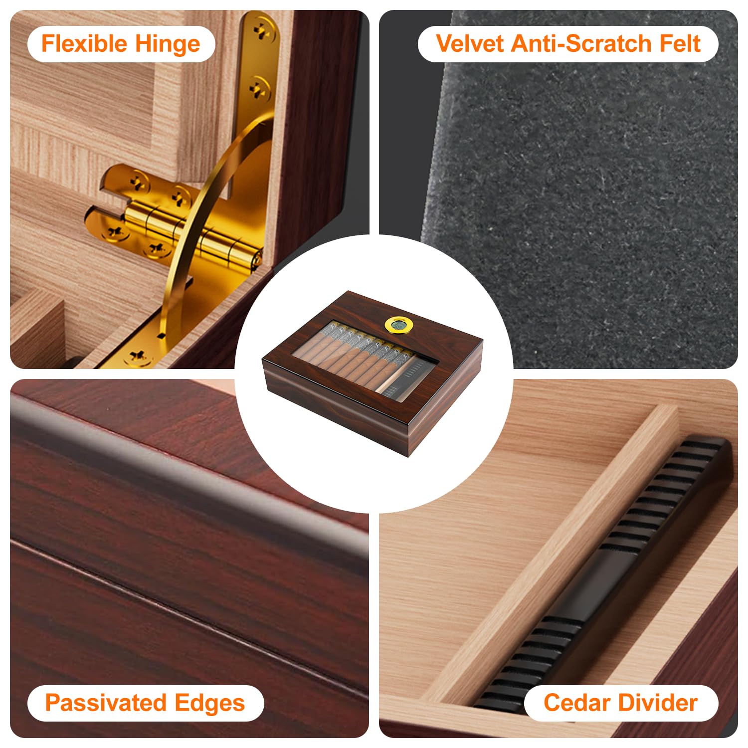 JOSTART Cave à cigares, 20-25 en bois de cèdre avec humidificateur, hygromètre, cadeau de Noël ou d'anniversaire pour papa, mari, grand-père, super étanche, boîte à cigares en verre avec séparateur