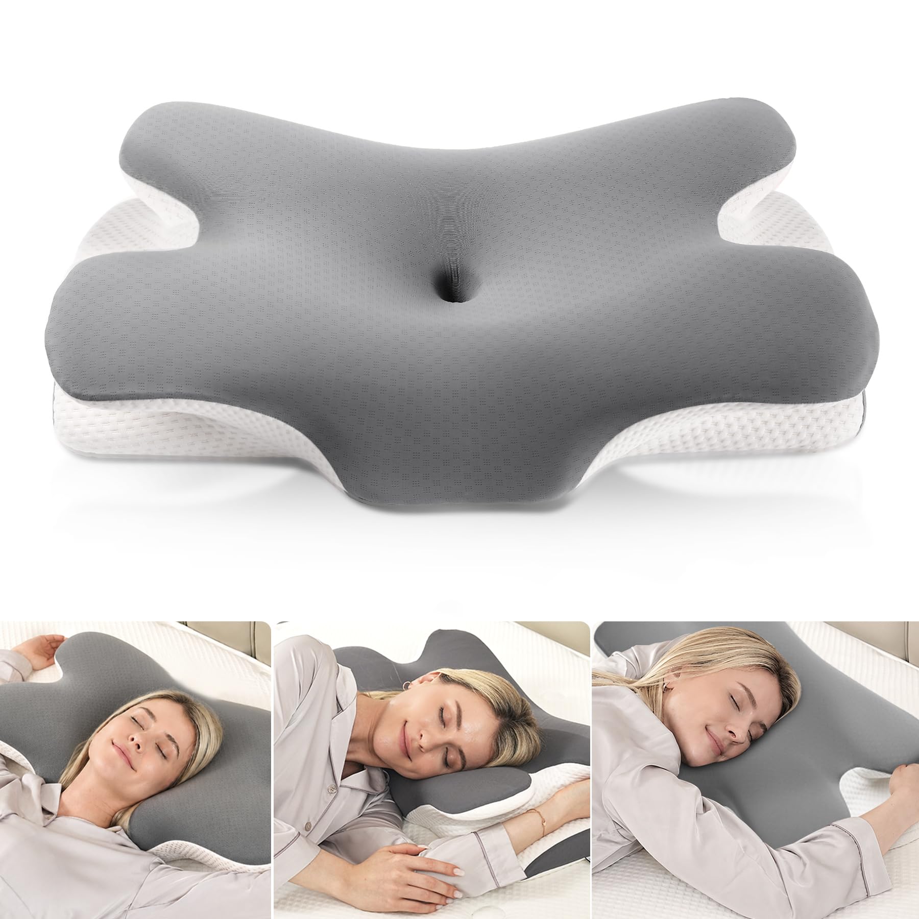 MULISOFT Cuscino Cervicale per Dormire, Cuscino Ergonomico in Memory Foam, 2 in 1 Cuscino a Farfalla Ideale per ogni Posizione del Sonno, Federa Sfoderabile e Lavabile, 67×36×10/12 cm, P-105 Grigio