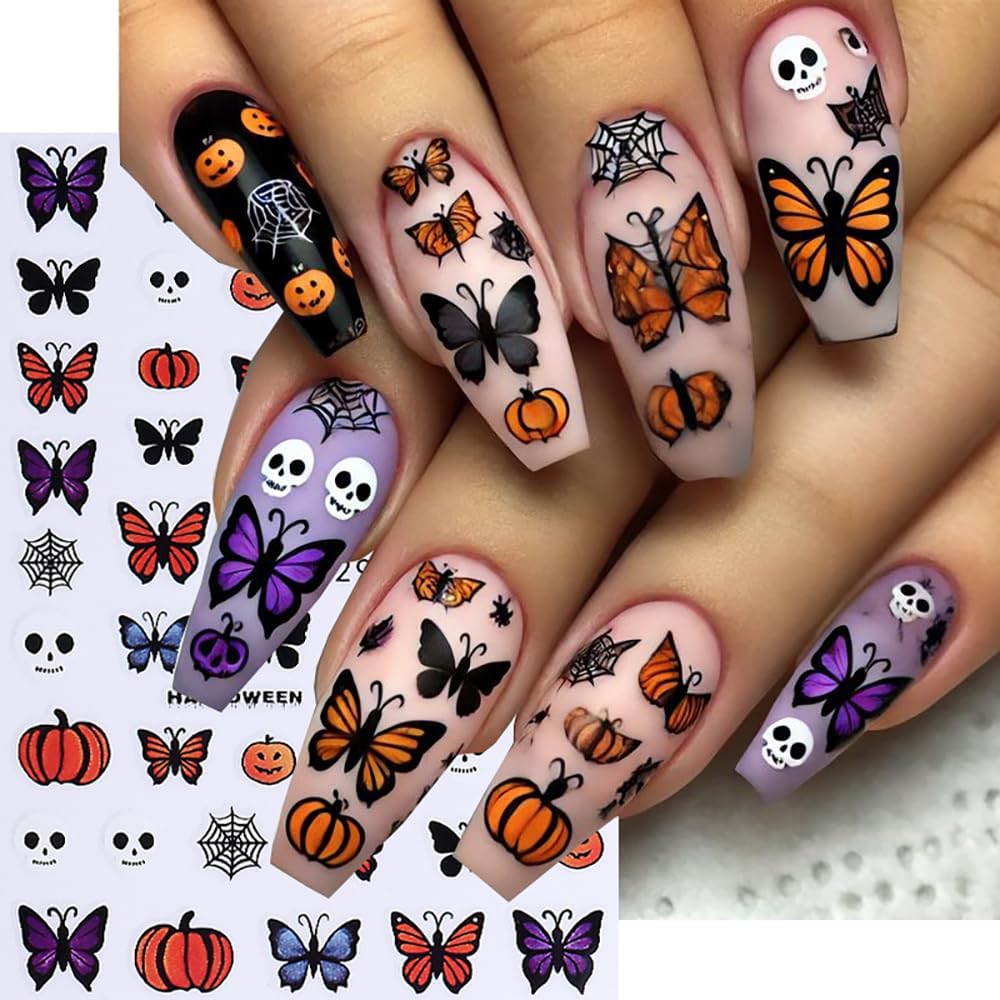 Halloween Nail Art Stickers Skull Head Pumpkin Nail Decals 6 Sheets Self-Adhesive Nail Design Stickers Spider Web Bat Butterfly Nail Stickers Halloween Nail Art Design Nail Supplies for Women image 2