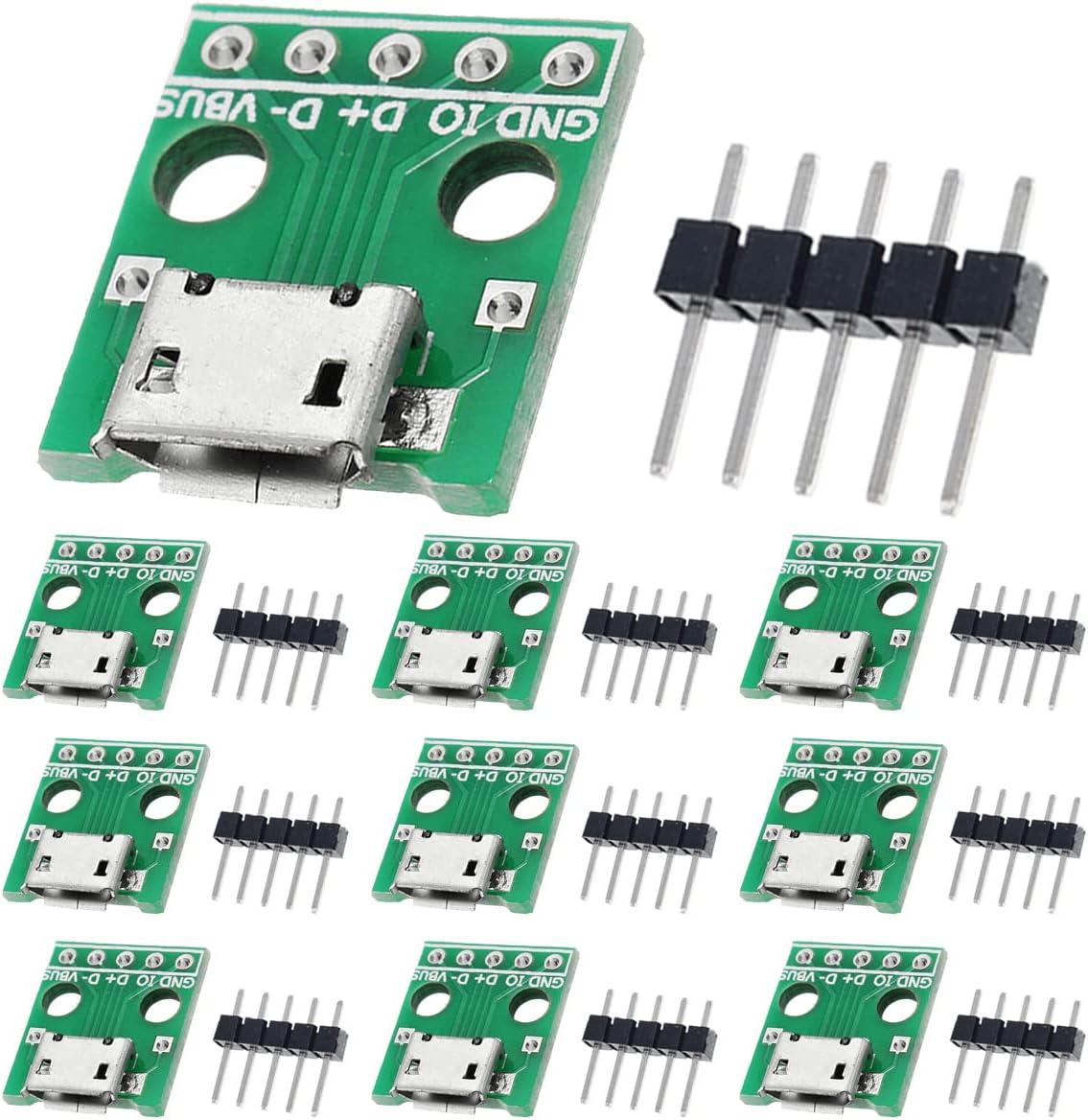 10 Pcs Micro USB Female to DIP Adapter 2.54mm 5 Pin USB 2.0 Micro USB Socket to DIP Converter Breakout Board for DIY Power Supply with 50 Pin Header