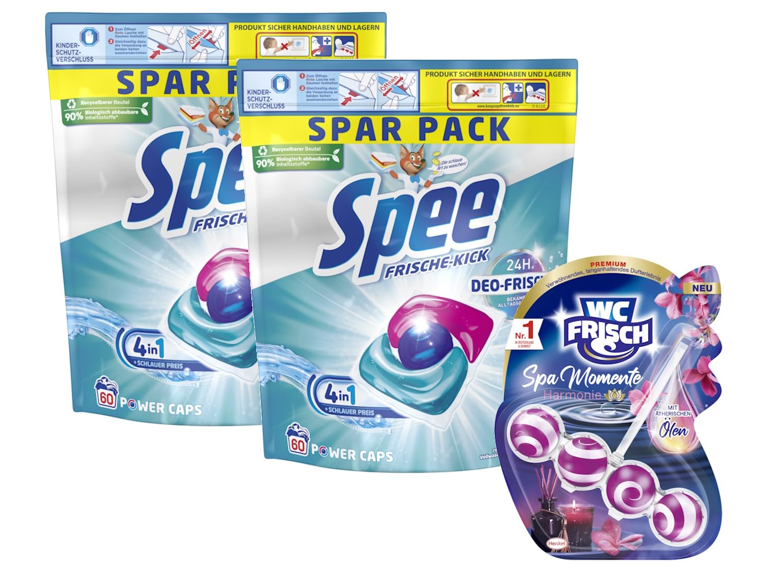SPEE Power Caps 2x60 (120) WL Frische Kick 24H Deo-Frische Spar Pack, vordosiertes Vollwaschmittel & WC FRISCH Spa Momente Harmonie (1x 50g), langanhaltendes Dufterlebnis