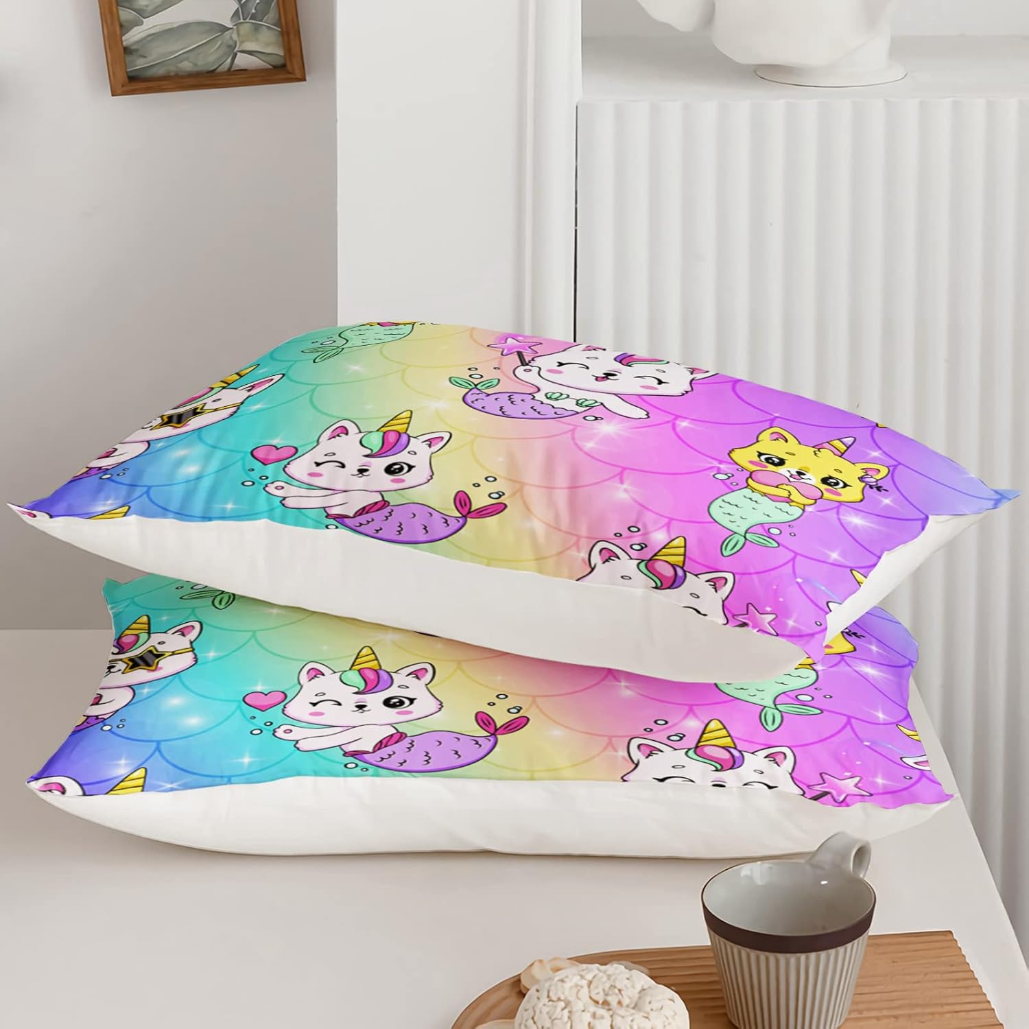 Axolotl Unicorn Cat Bedding Full,Cute Cartoon Cat Comforter Set,Rainbow Mermaid Scales Printed Kids Bedding Set for Girls Kids Adults Teens,Girls Comforter,1 Quilt 2 Pillowcases,Pink Blue Purple