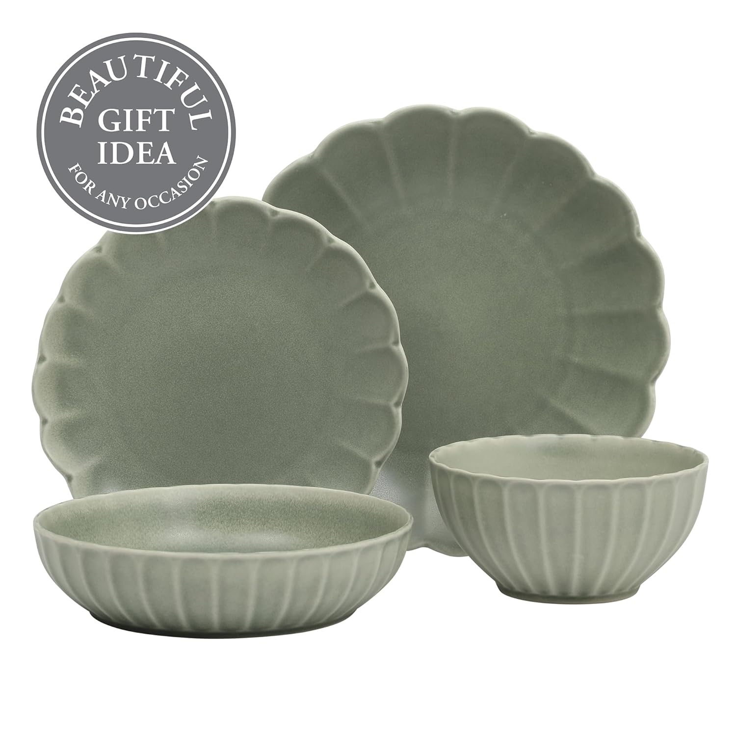 Gibson Elite Malibu Shore 16 Piece Scallop Stoneware Reactive Glaze (Service for 4) Ceramic Plates and Bowls Dinnerware Set - Green - Image 4