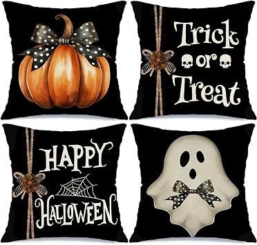 Happy Halloween Spider Web Pumpkin Ghost Throw Pillow Covers 20x20 Set of 4 Trick or Treat Spooky Skull Polka Dot Bow Cushion Case Decorations for Sofa Couch