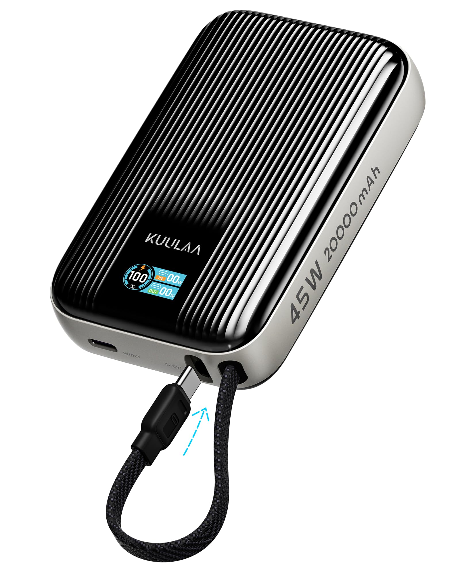 Kuulaa Batterie Externe 45W 20000mAh avec USB-C Câble Intégré, Power Bank Charge Rapide avec Affichage TFT Chargeur Portable Compatible avec iPhone Galaxy MacBook iPad Voyage