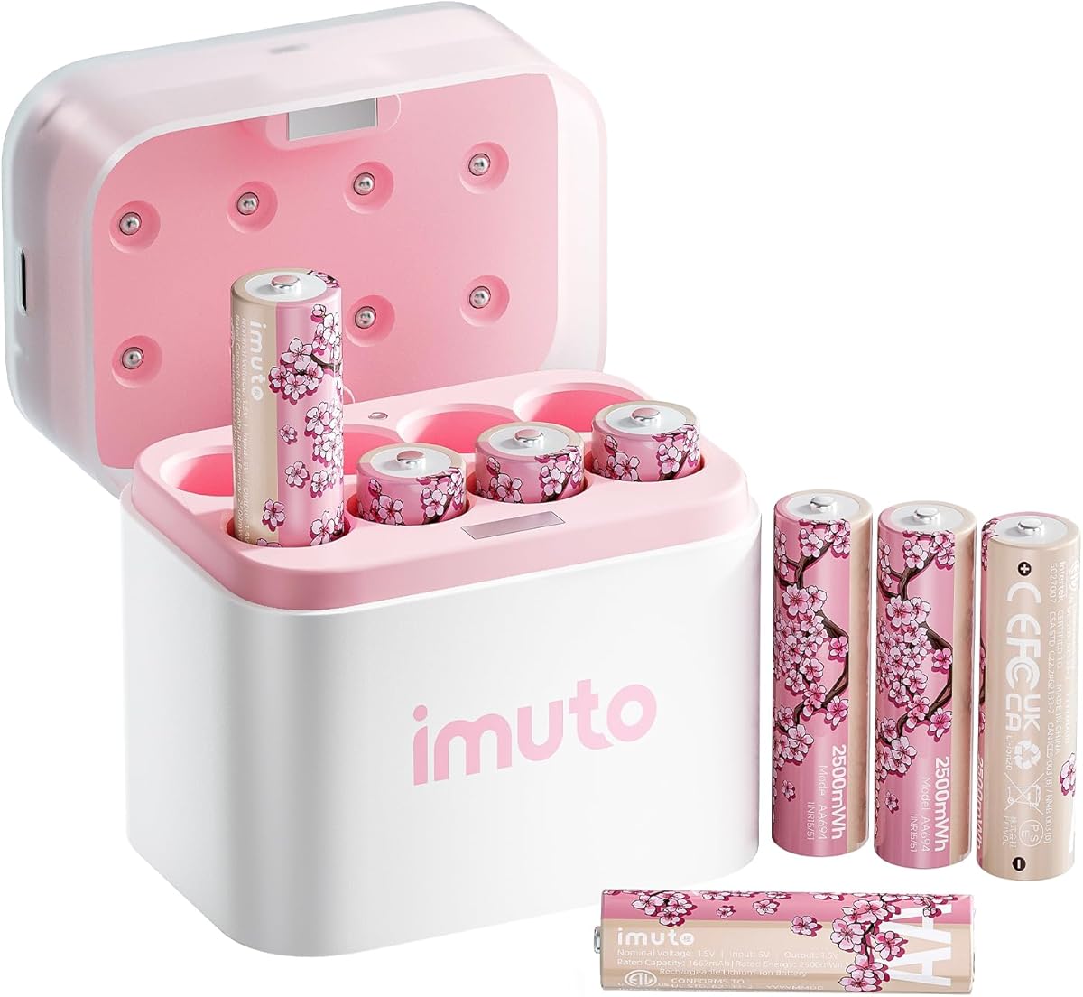 imuto Cherry Blossom Style Rechargeable AA Batteries Kit, 8 Pcs Pink 2500mWh AA Lithium Batteries, 8 Slot Smart Li-ion AA Battey Charger, Ideal for Beauty, Home, Personal Care Devices