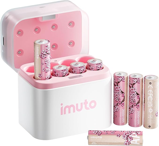 Imuto Rechargeable AA Batteries Kit, 8 Pcs Pink 2500mWh AA Lithium Batteries, 8 Slot Smart Li-ion AA Battey Charger, Ideal for Beauty, Home, Personal Care Devices