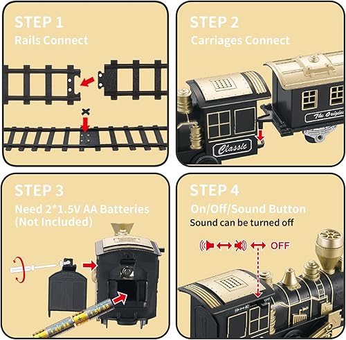 Miniatura 11 de JUQU - Juego de tren de Navidad para niños de 3 a 8 años, tren de juguete a pilas con luces, sonidos, 3 autos y 10 pistas, juego clásico de tren