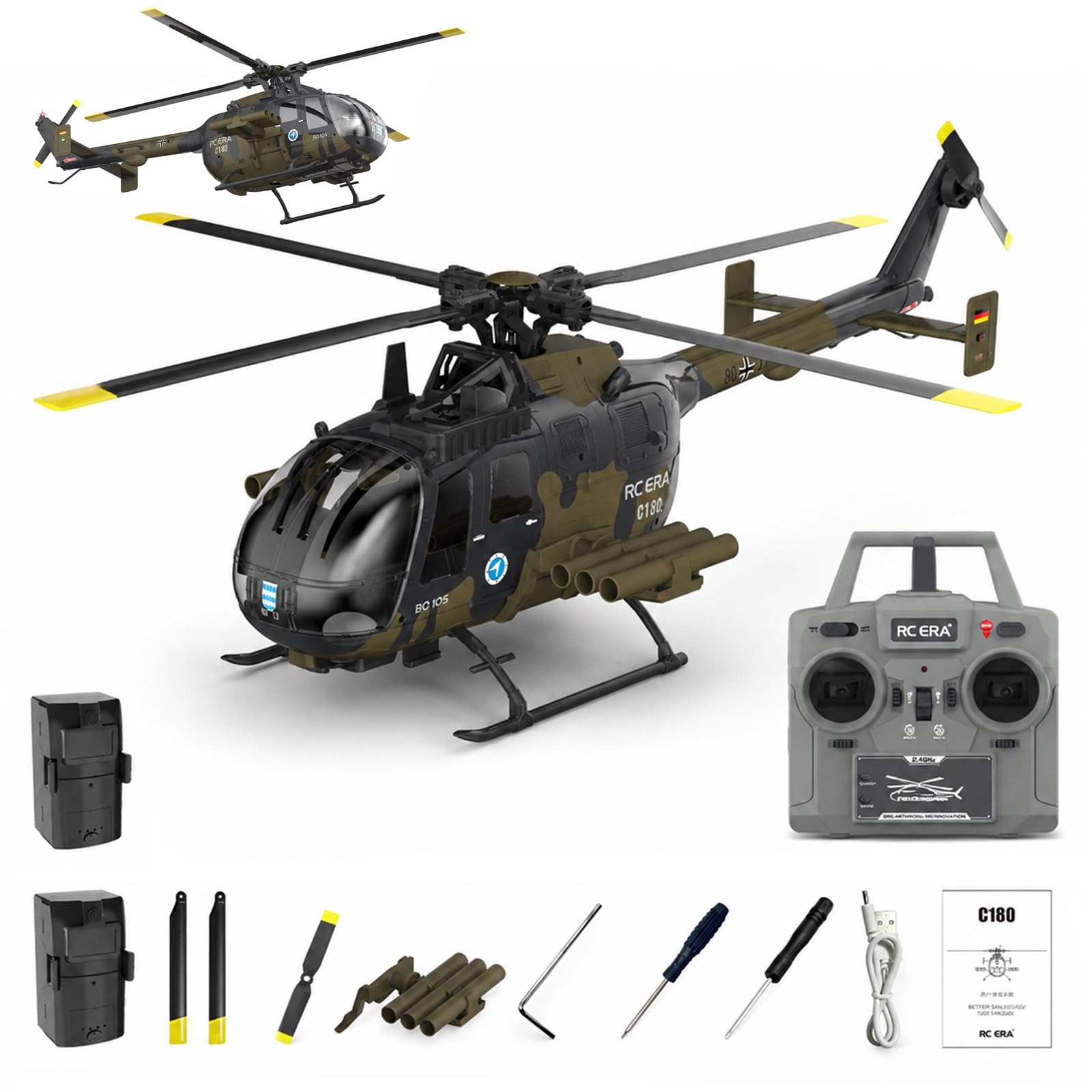 Elicottero radiocomandato BO-105 con decollo/volo invertito a un solo tasto giroscopio barometrico a 6 assi a 6 canali + LiDAR TOF Aeromobile radiocomandato per adulti(Camouflage)