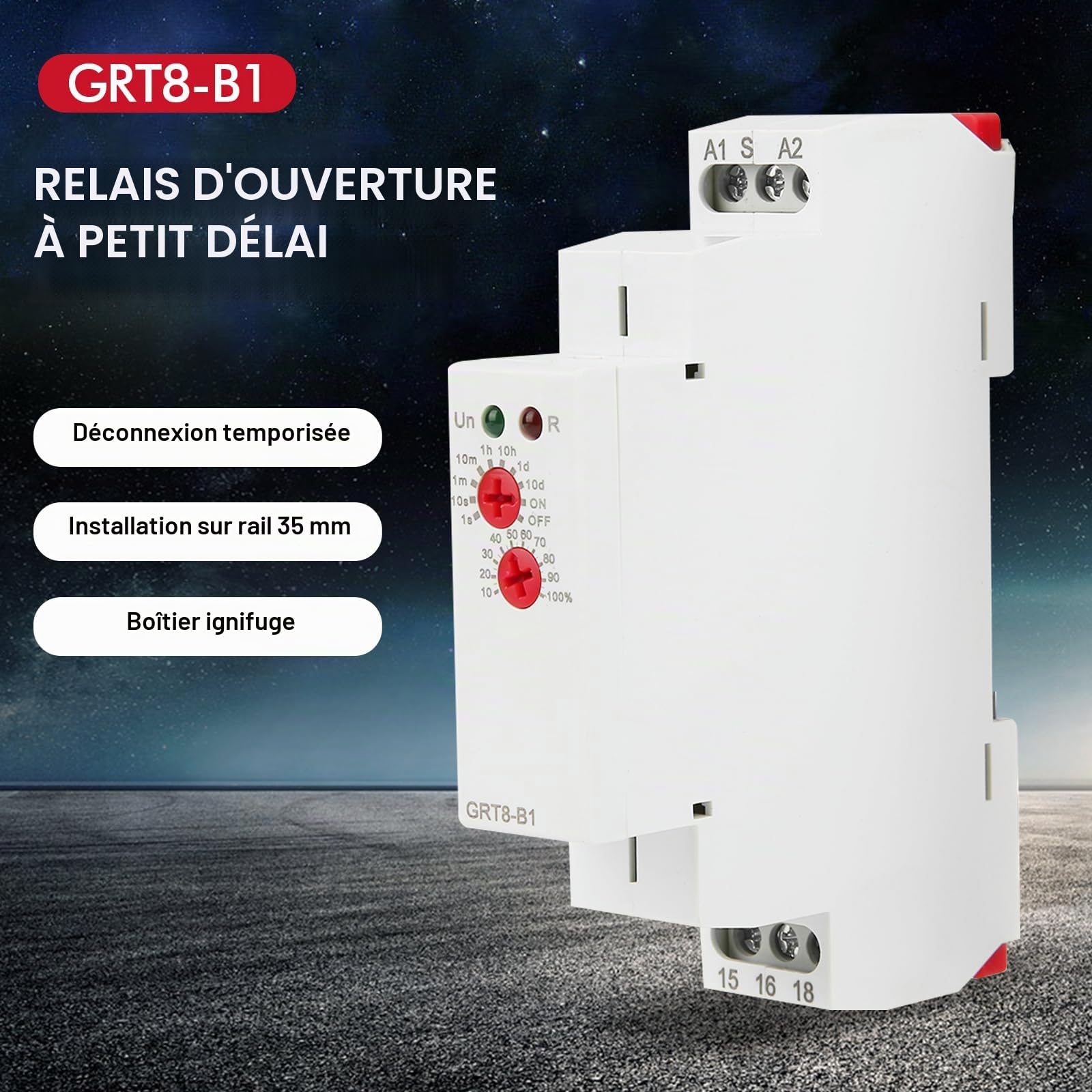 Relais Temporisé 12v GRT8-B1 Relais de Temporisation avec fonction unique Retarder Mise Hors Tension avec 10 Modes Retard 0,1 à 10 Jours Guida DIN 35mm(AC/DC 12V-240V)