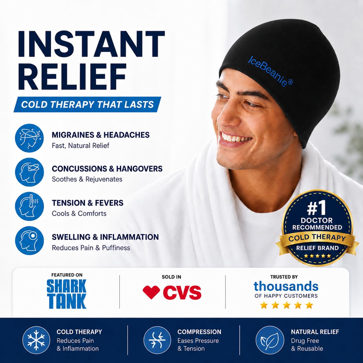 ICE BEANIE Migräne Kopfschmerzen Relief Cap, Hot & Cold Therapy Head Wrap, Schwarz, Gel, One Size, Therapeutic