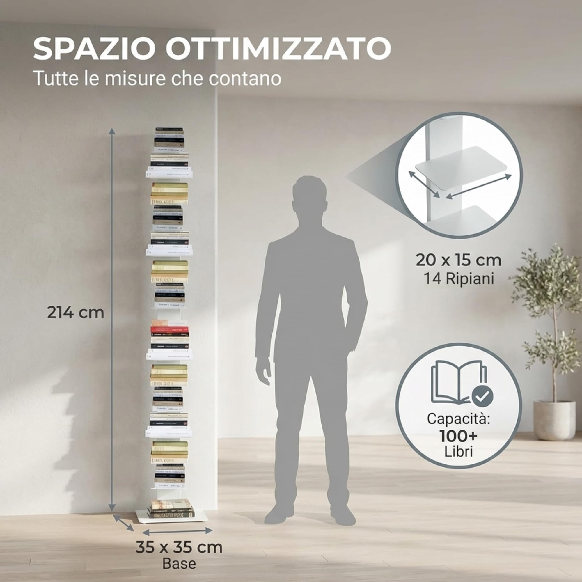 Flo.mar - Libreria a Colonna Bianca con 14 Ripiani 20x15cm - Libreria Verticale a Colonna da Terra con Base in Metallo 35x35 cm - Stretta e Alta 214 cm