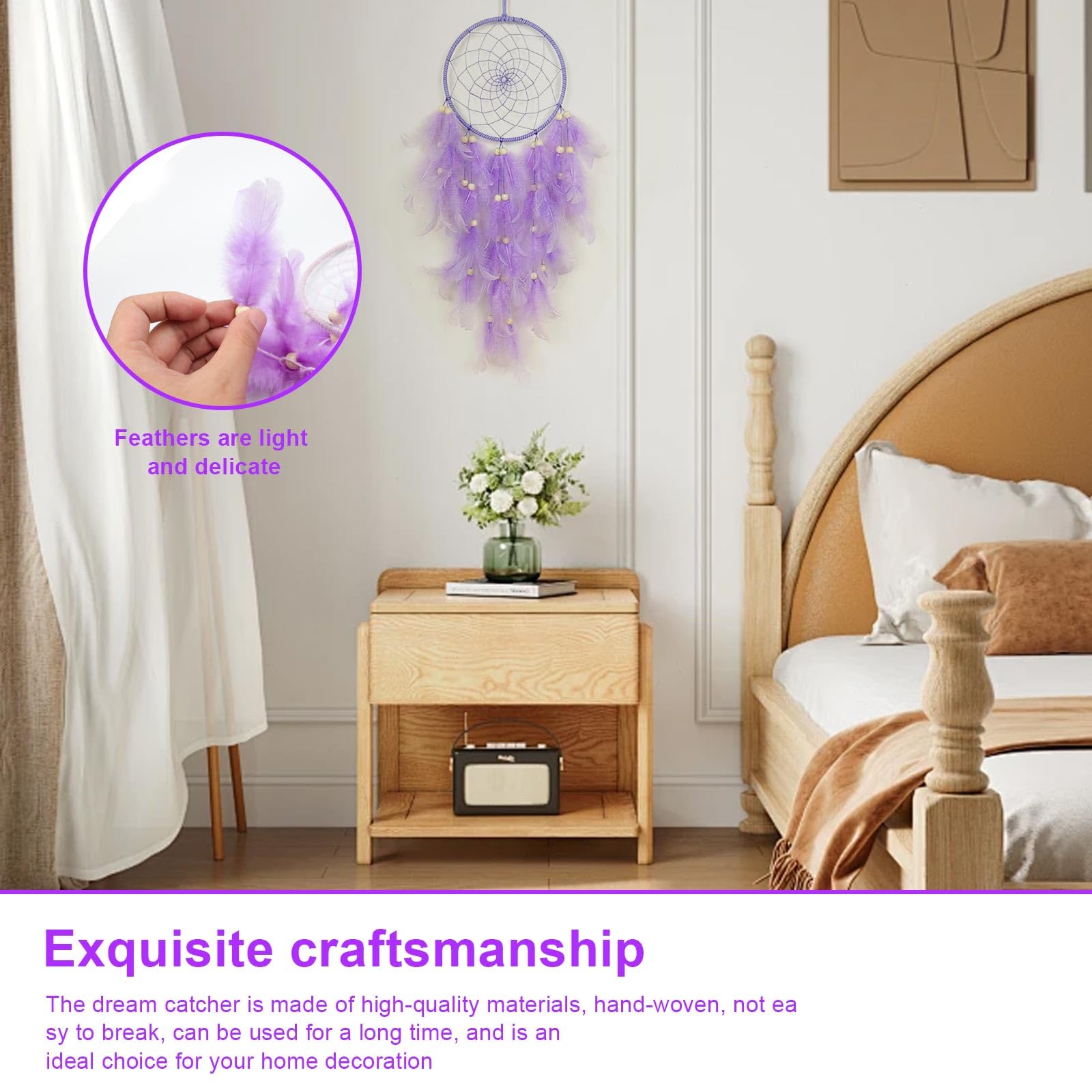 Attrape-rêves en macramé violet avec plumes fait main