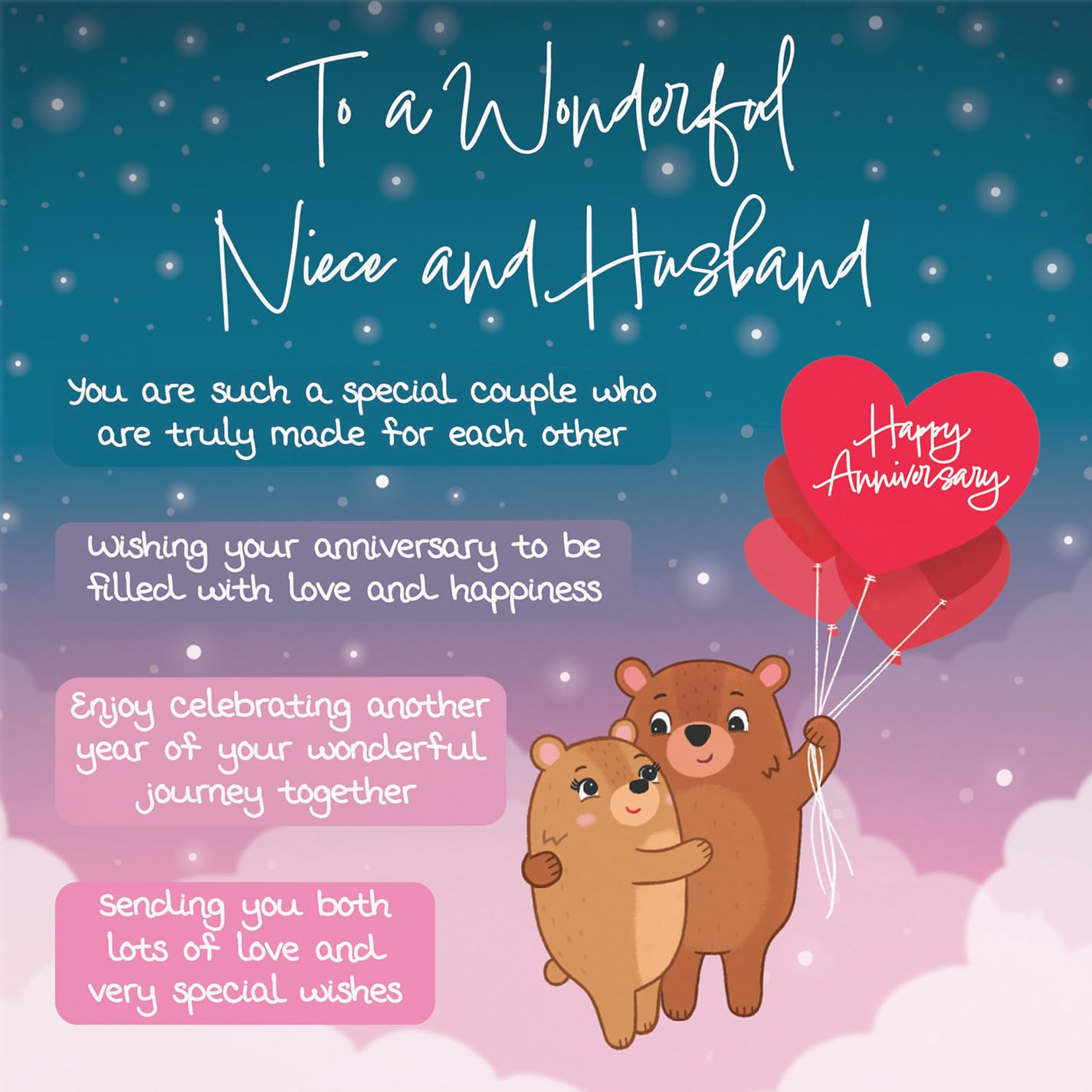 Hunts England, Niece And Husband Poem Anniversary Card, Starry Night, Cute Bears - Image 2