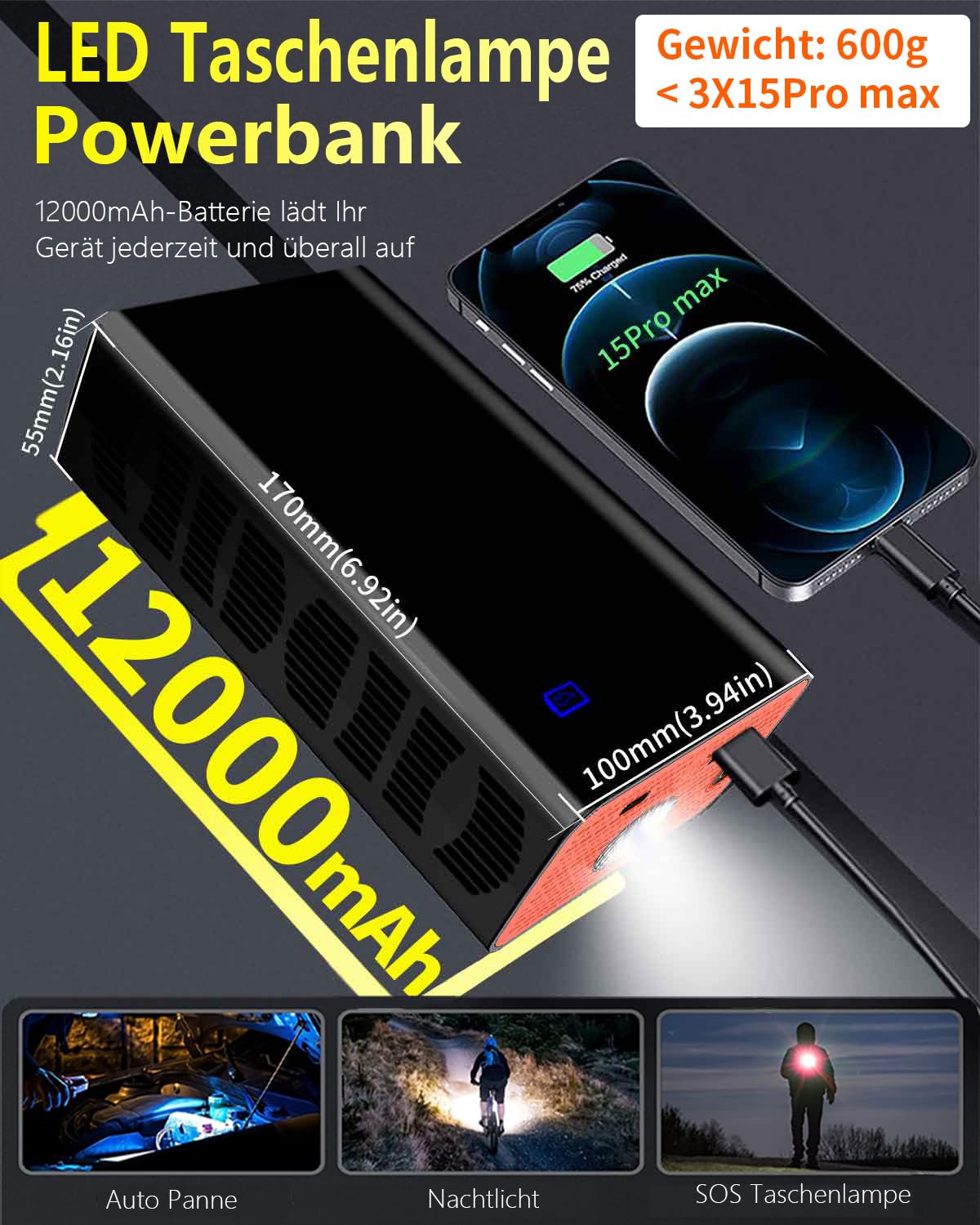 12000mAh Akku Luftpumpe Auto, 4X Schneller Mini Kompressor, 150PSI Fahrradpumpe Alle Ventile, Elektrische Luftpumpe Klein Mit Manometer/Lampe/Typ C, Für Motorrad/Fahrrad/Fußball