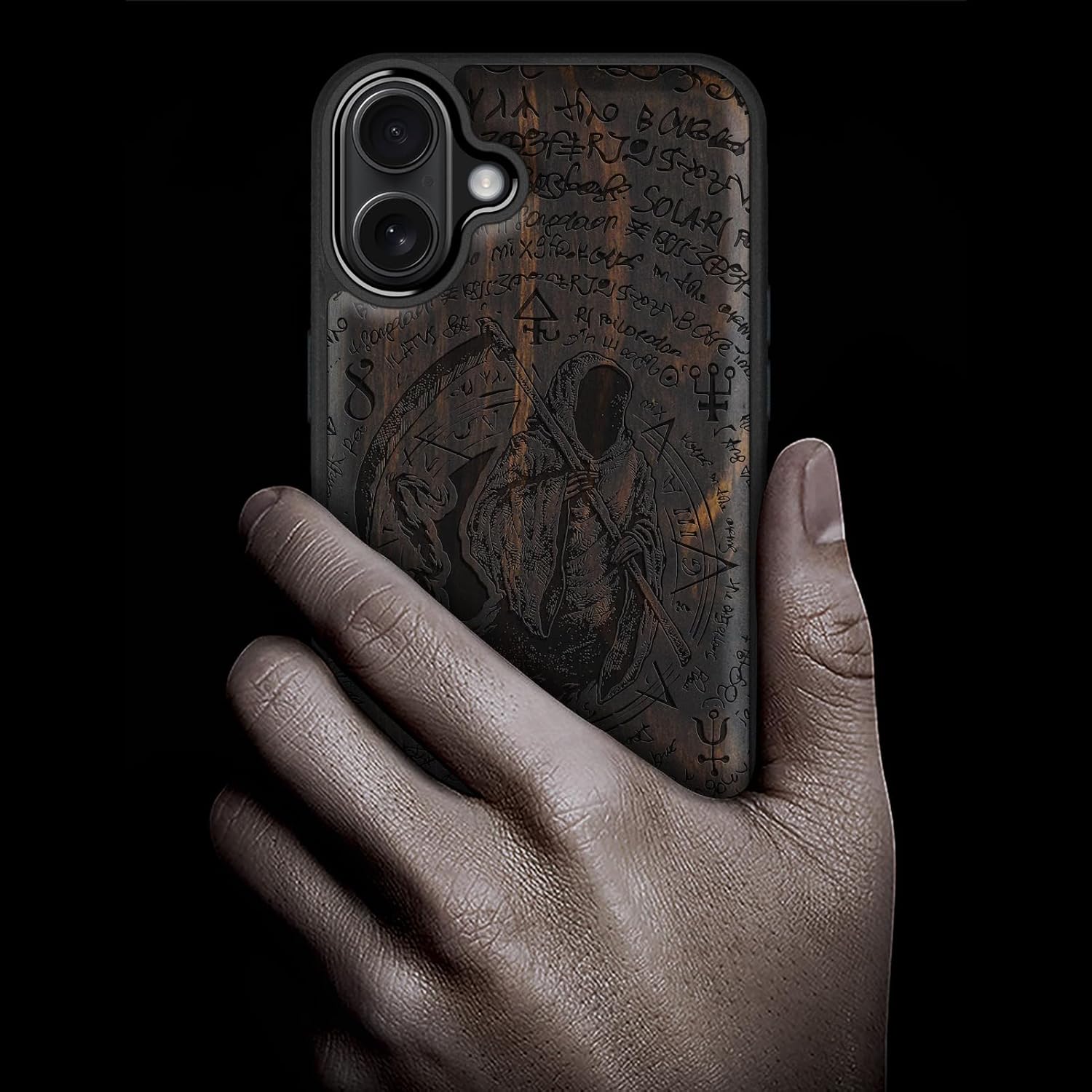 Carveit Magnetic Wooden Case for iPhone 16 Plus Case, Wood Artisan Engraved & Black Soft TPU Shockproof Cover, Compatible with MagSafe Wireless Chargers (The Grim Reaper of Carved) Blackwood