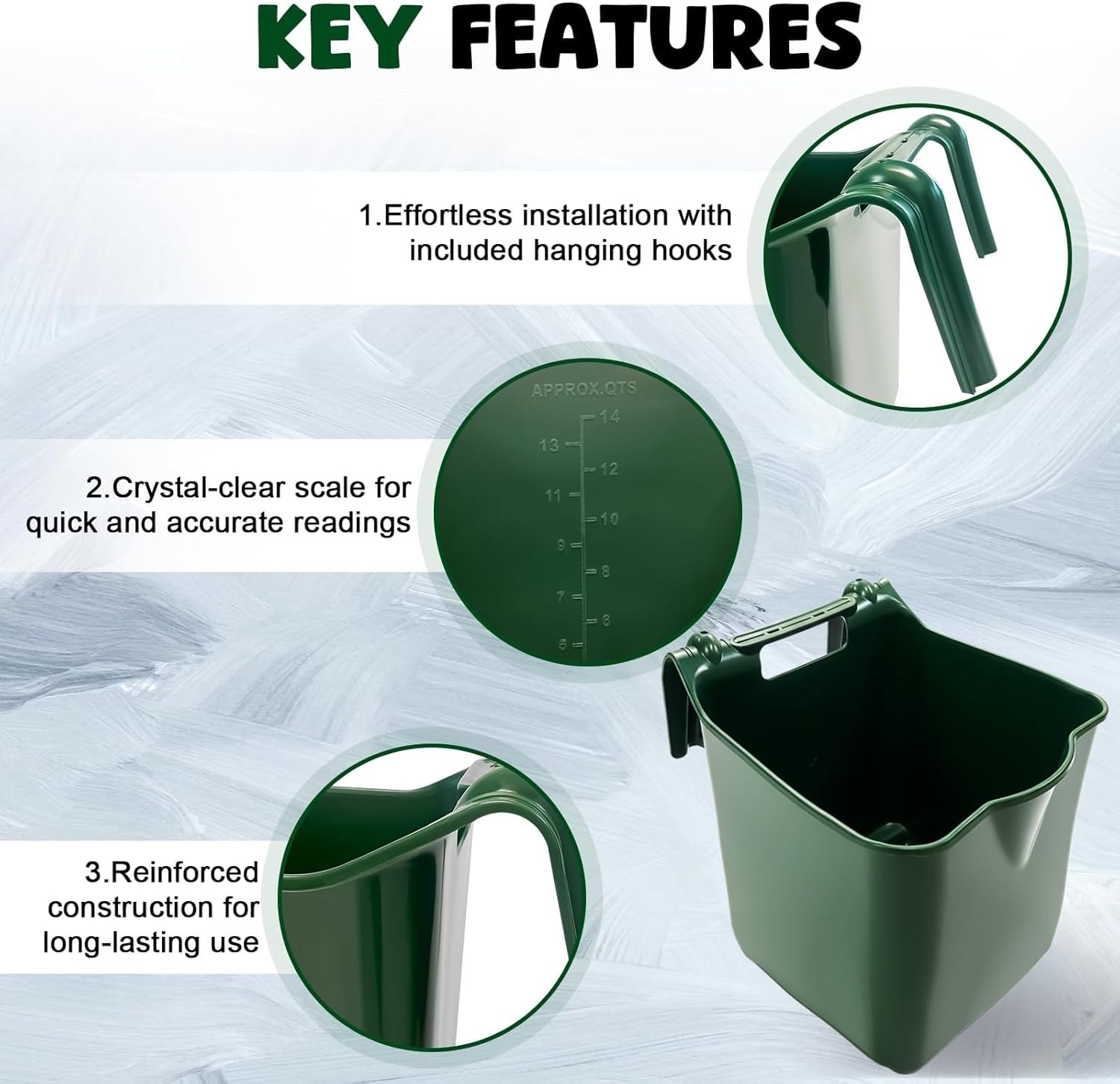 15 Quart Plastic Horse Feeders for Stall Hook Over，Green 4 Pcs Feed Buckets for Horses with Sturdy Hanging Hooks in Farms Workshops Yards, Horse Grain Feeder for Goats, Sheep, Other Livestock