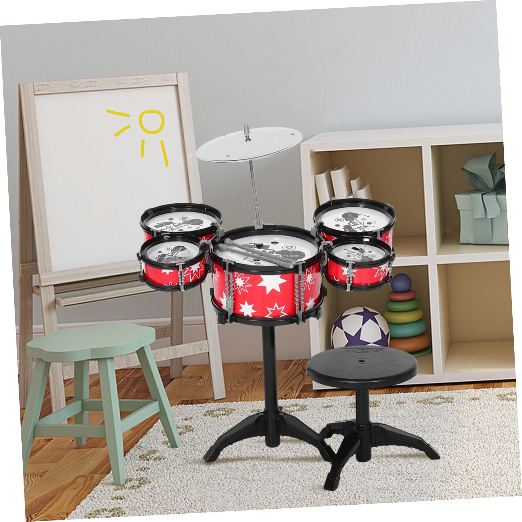 Batteria Giocattolo per Bambini, Mini Set Rosso in Plastica | Design Realistico, Multifunzionale, per Piccoli Musicisti, Strumento Musicale da Apprendimento e Pratica