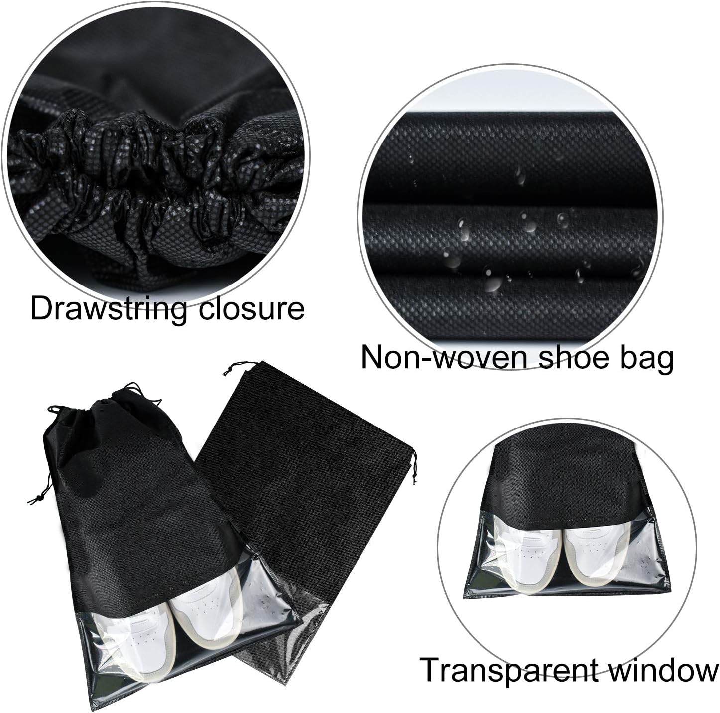 6 Pcs Travel Shoe Bags, ULIFEMALL Large Non-Woven Drawstring Shoes Storage Bag with Transparent Slot Clear Window Portable Waterproof Dustproof Shoes Pouch Packing Organizer for Men Women, Black - Image 3