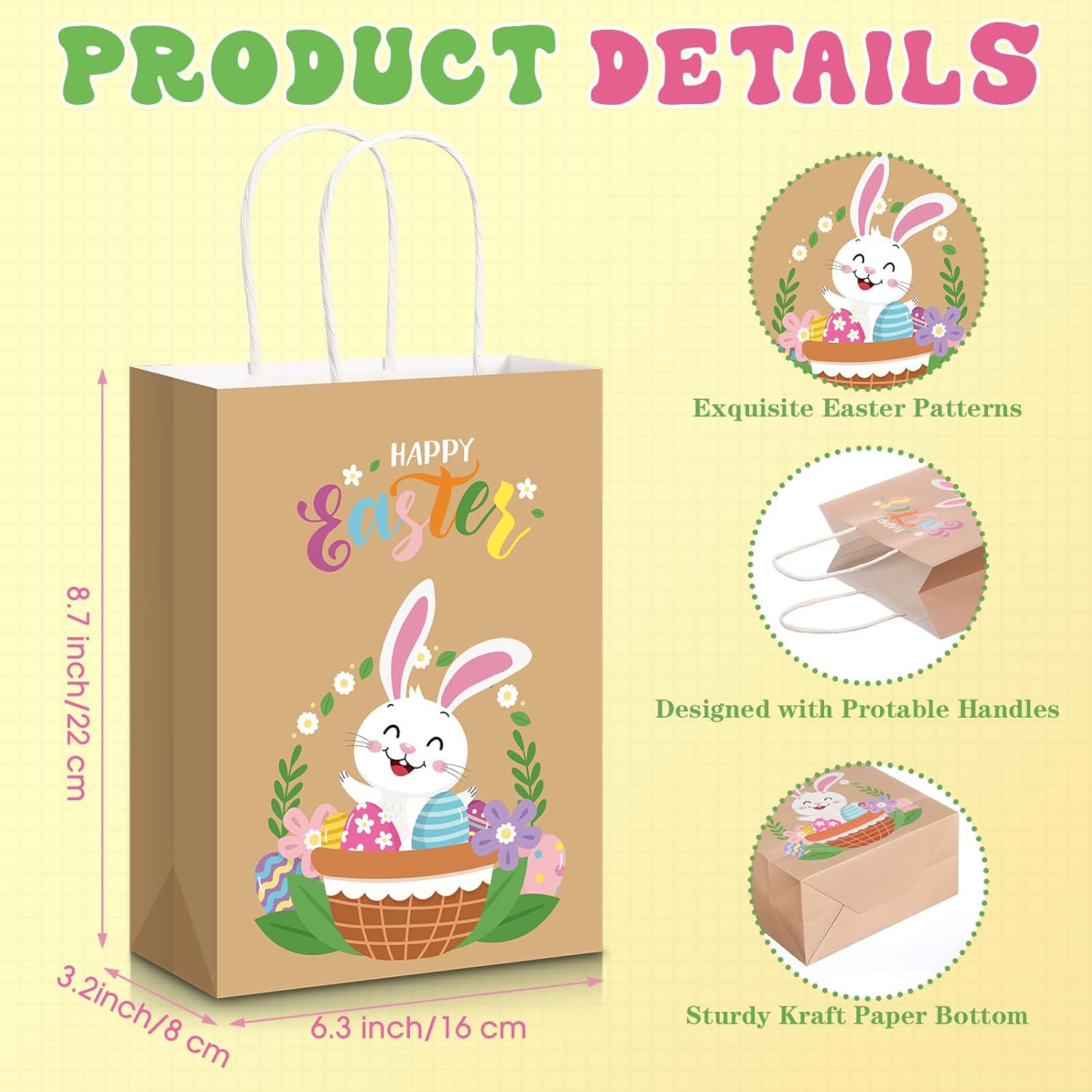 Pasimy 18 Pcs Easter Gift Bags Bulk with Handles Happy Easter Day Kraft Paper Bunny Colorful Eggs Goodie Treat Bags for Candy Cookies Snacks Spring Party Favor Supplies Hunt,8.7 x 6.3 x 3.2 Inch - Image 2